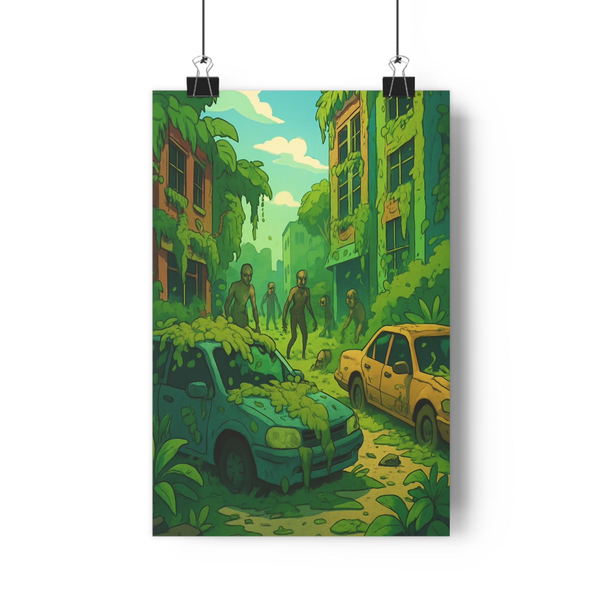 Poster décoratif scène animée verdure terreux postapocalyptique salon mystérieux textures détaillées ambiance unique qualité