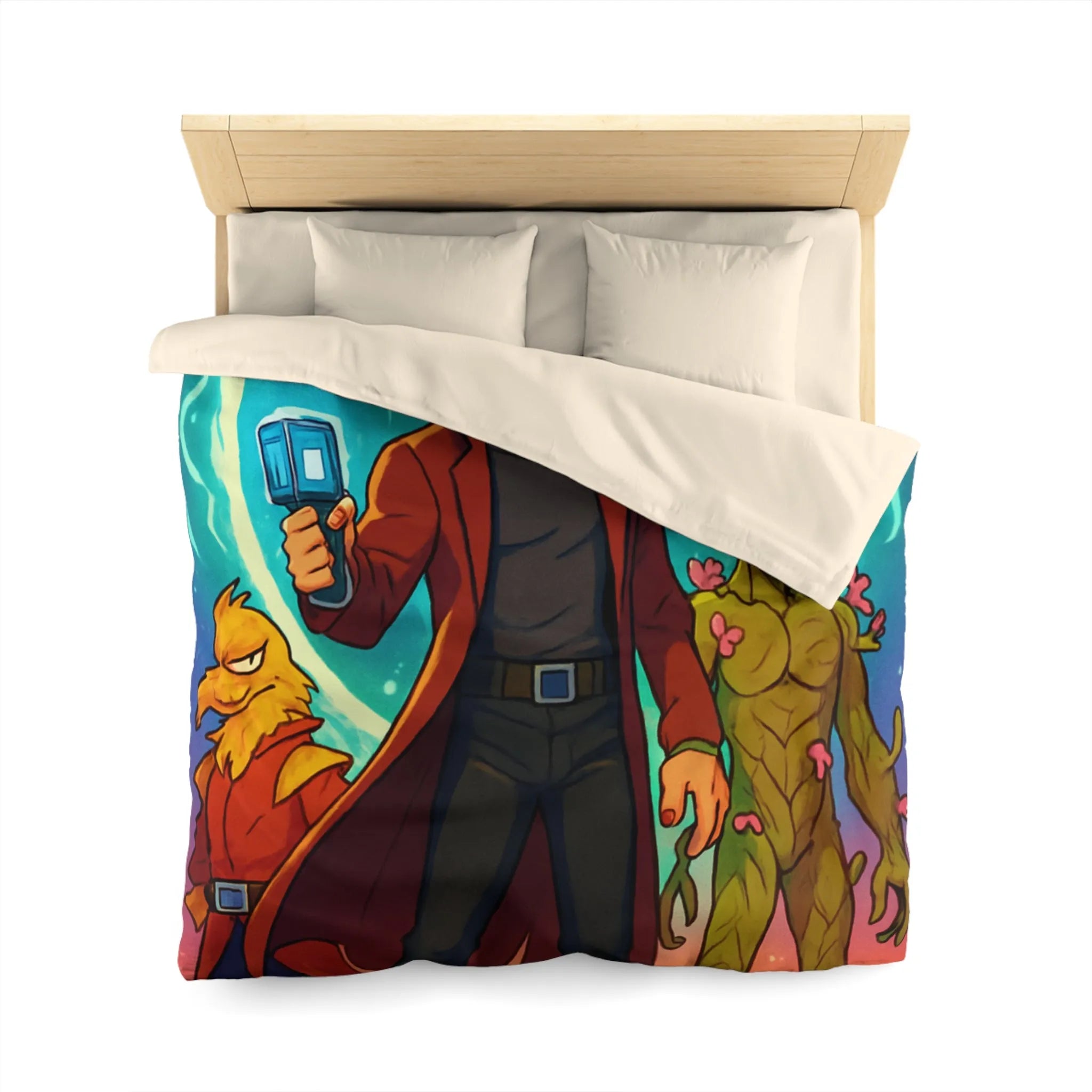 Housse de couette espace avec personnages héroïques colorés et univers rétro futuriste