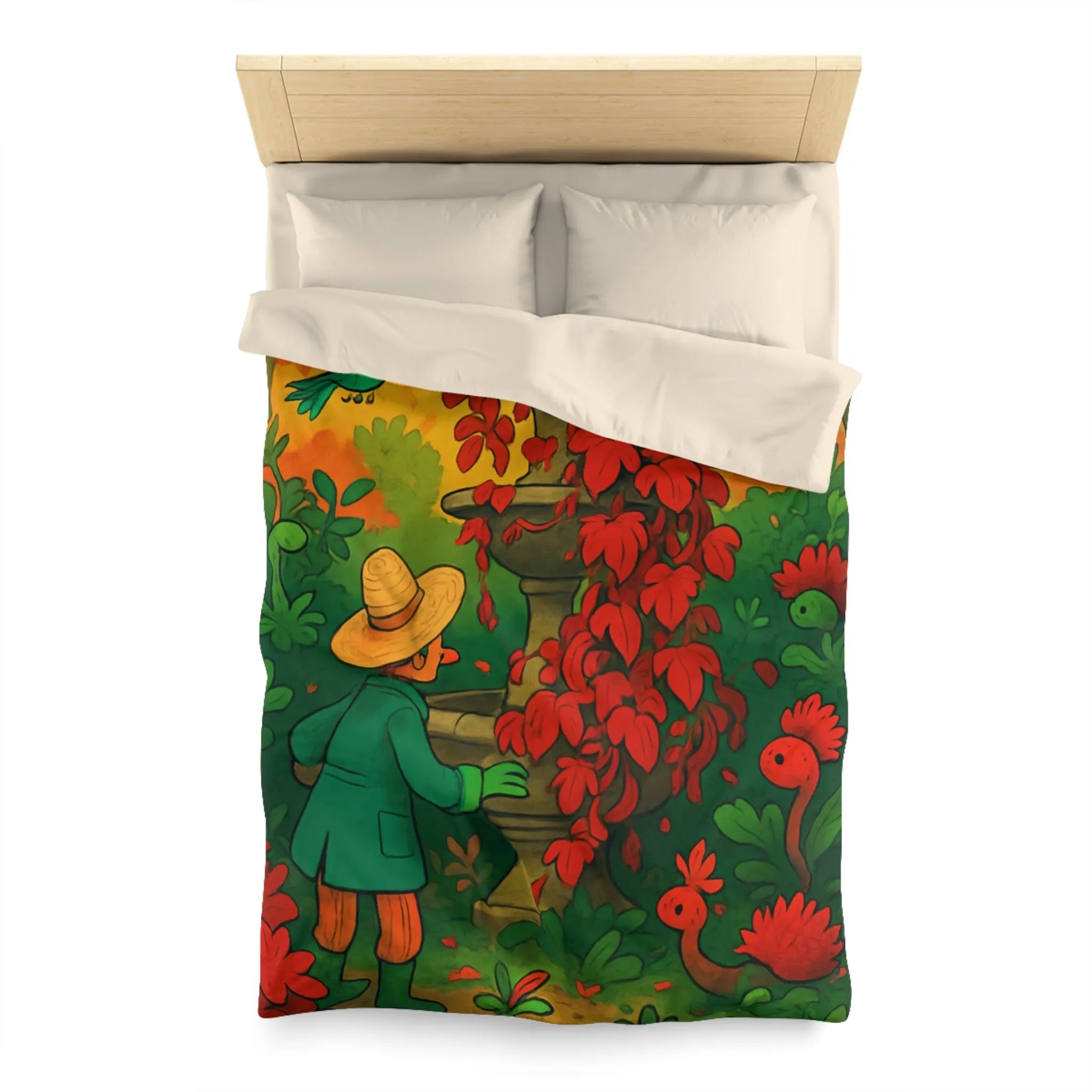 Housse de couette jardin enchanté avec fontaine et fleurs rouges pour chambre colorée