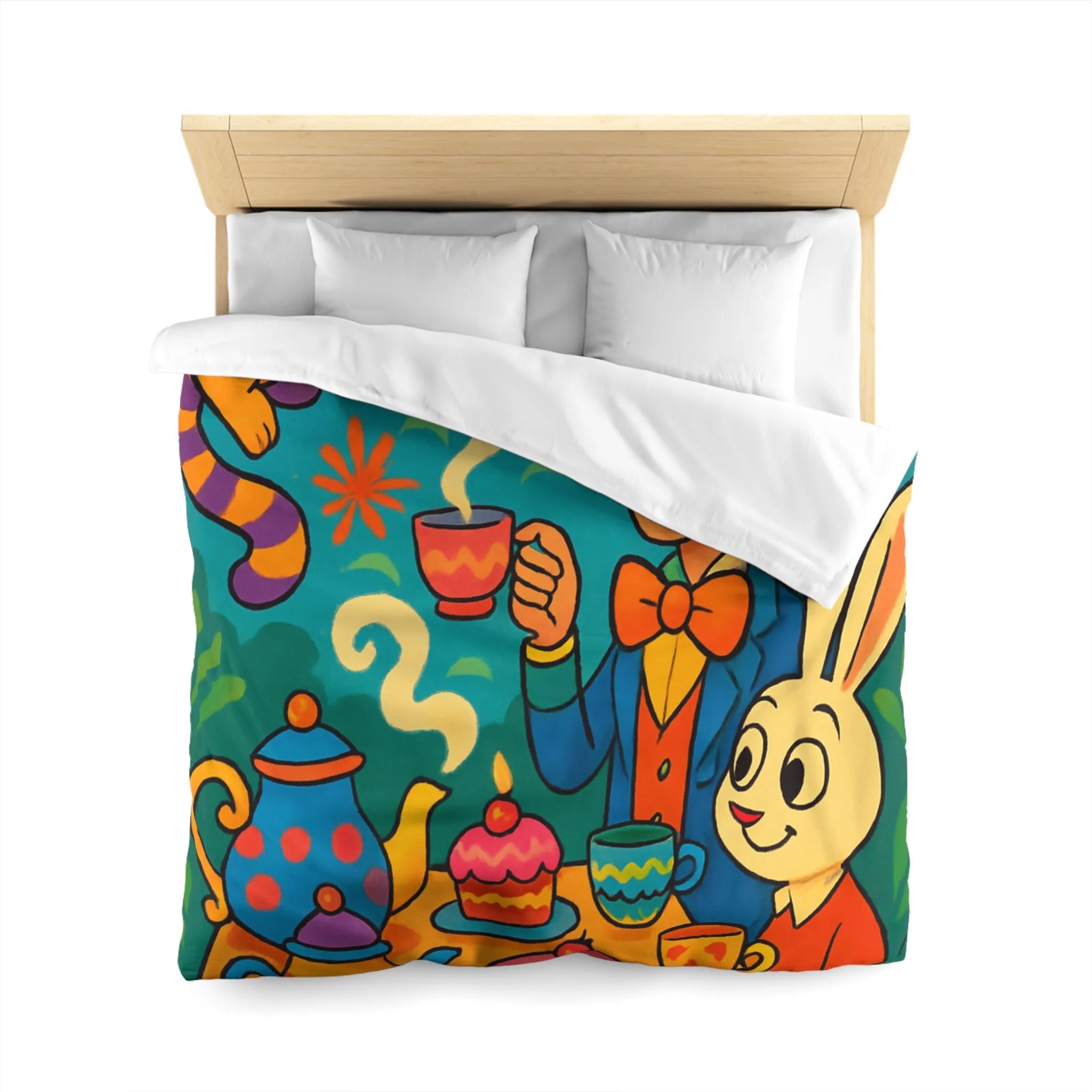 Housse de couette colorée avec scène de thé joyeuse inspirée d'un conte fantaisiste