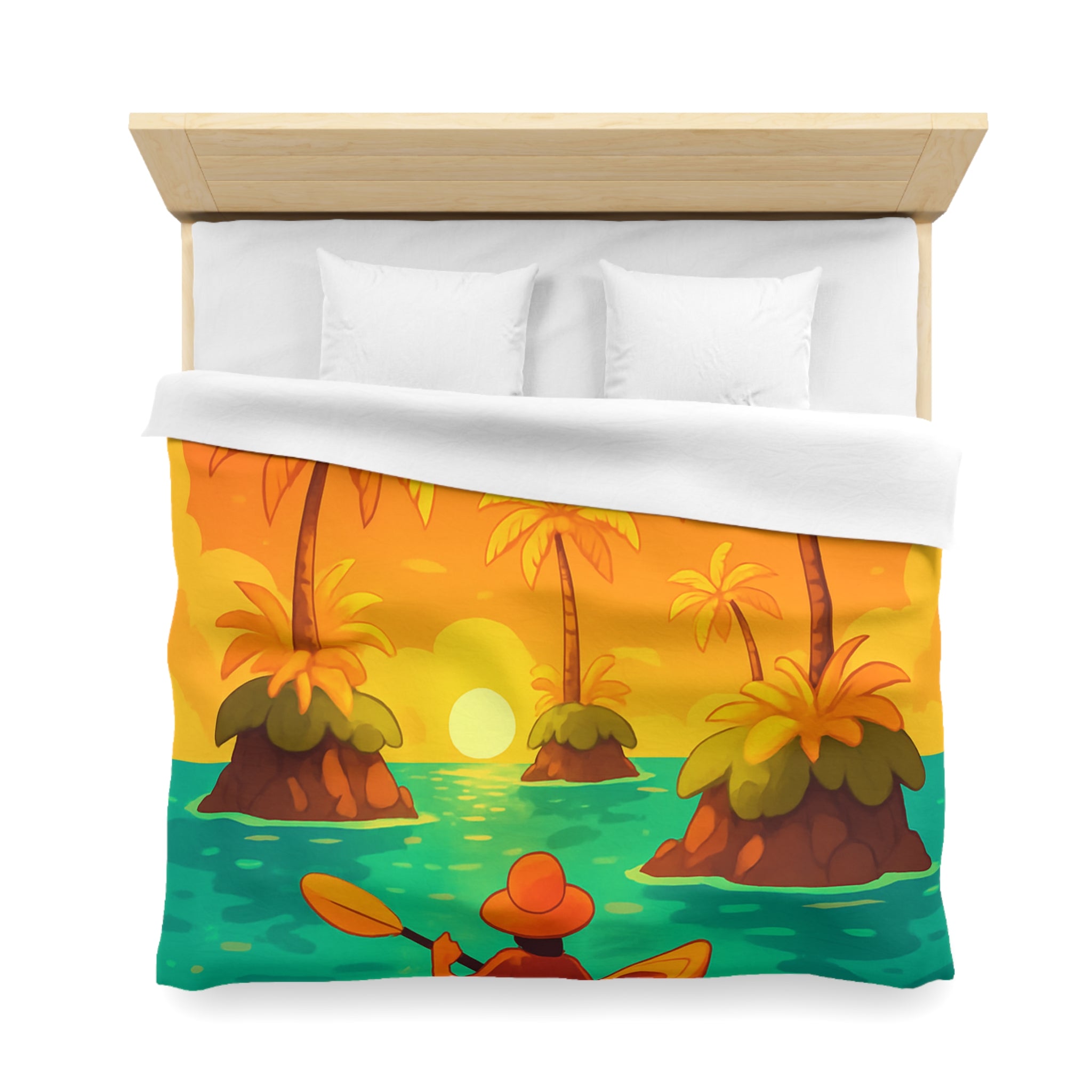 Housse de couette tropicale vibrante avec kayak, palmiers et perroquets au coucher de soleil