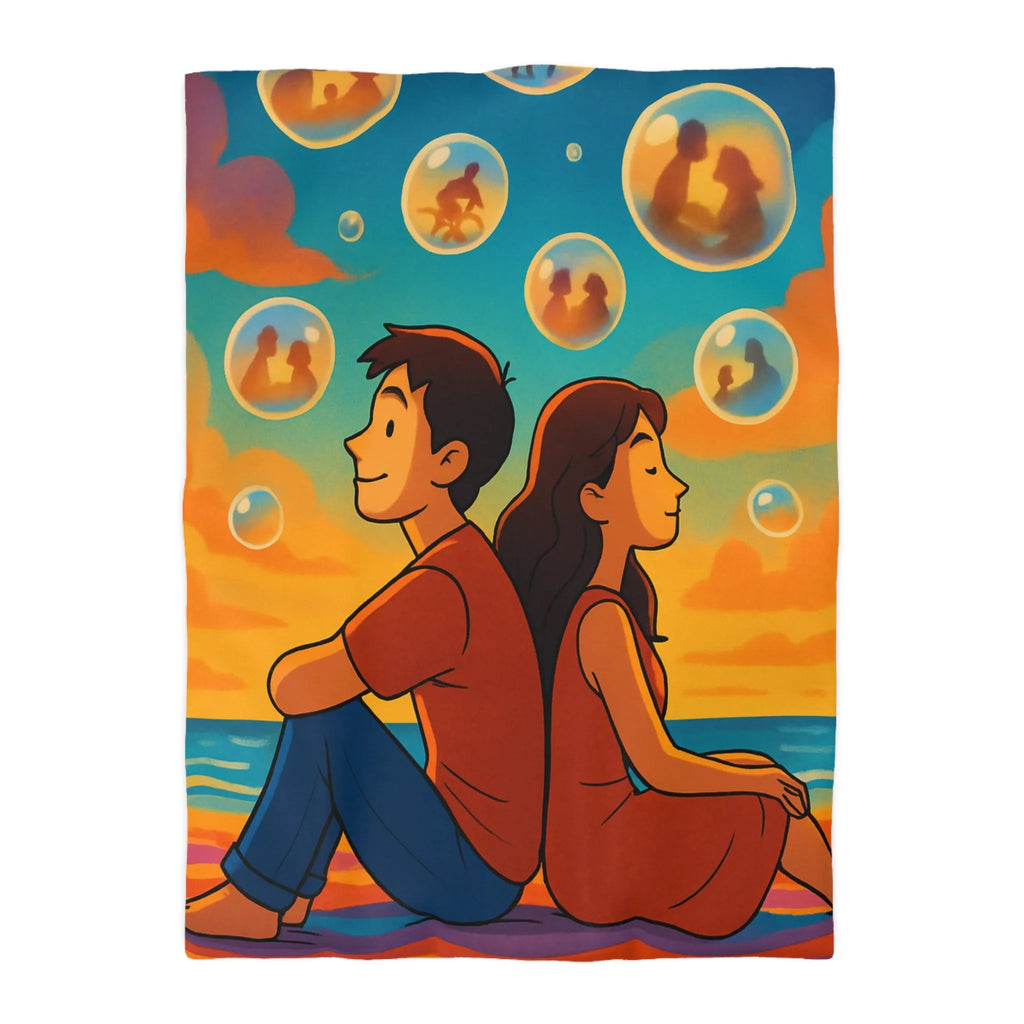 Housse de couette colorée avec illustration de bulles rêveuses au coucher de soleil