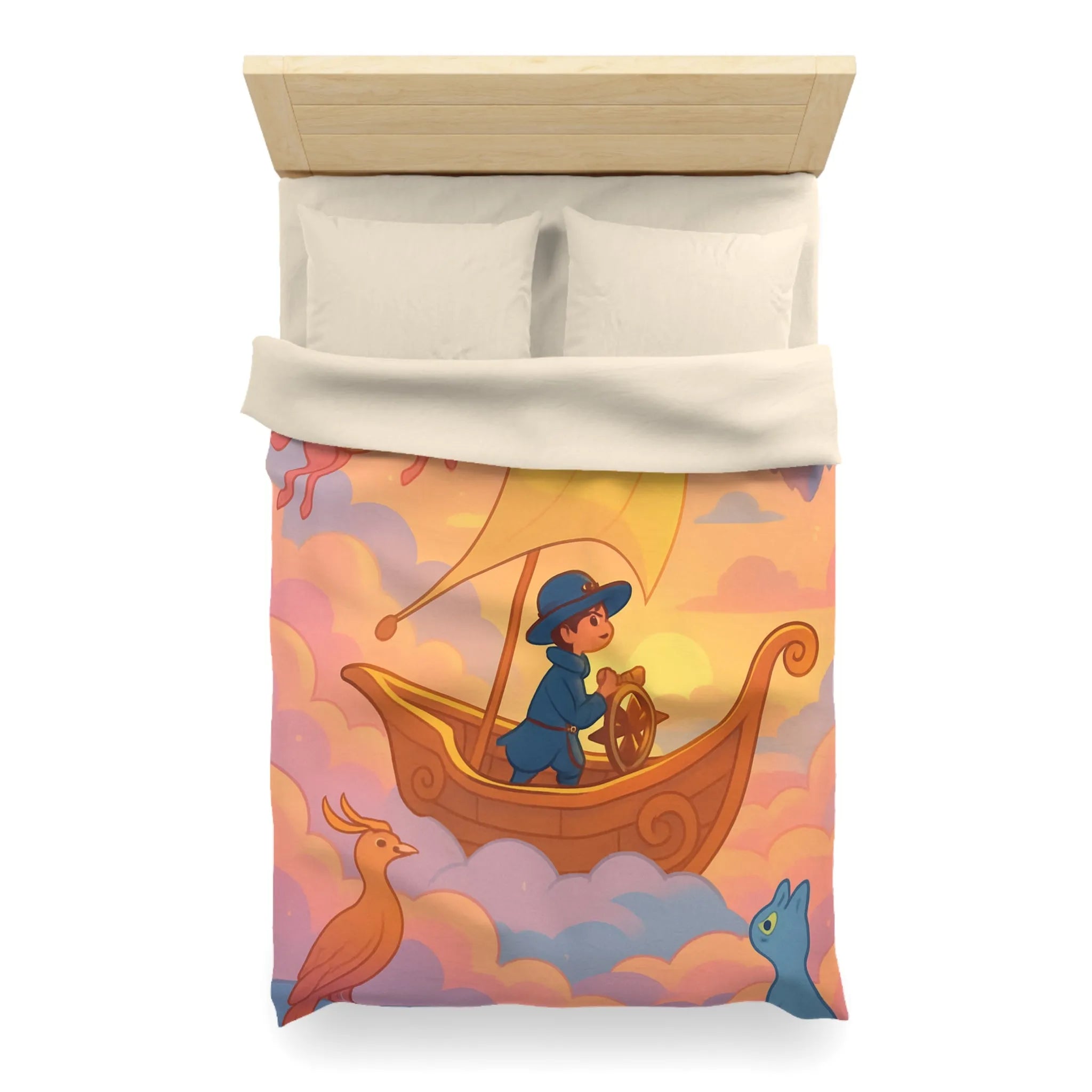 Housse de Couette Enchantée Avec Licorne et Bateau Volant Dans le Ciel Éthéré