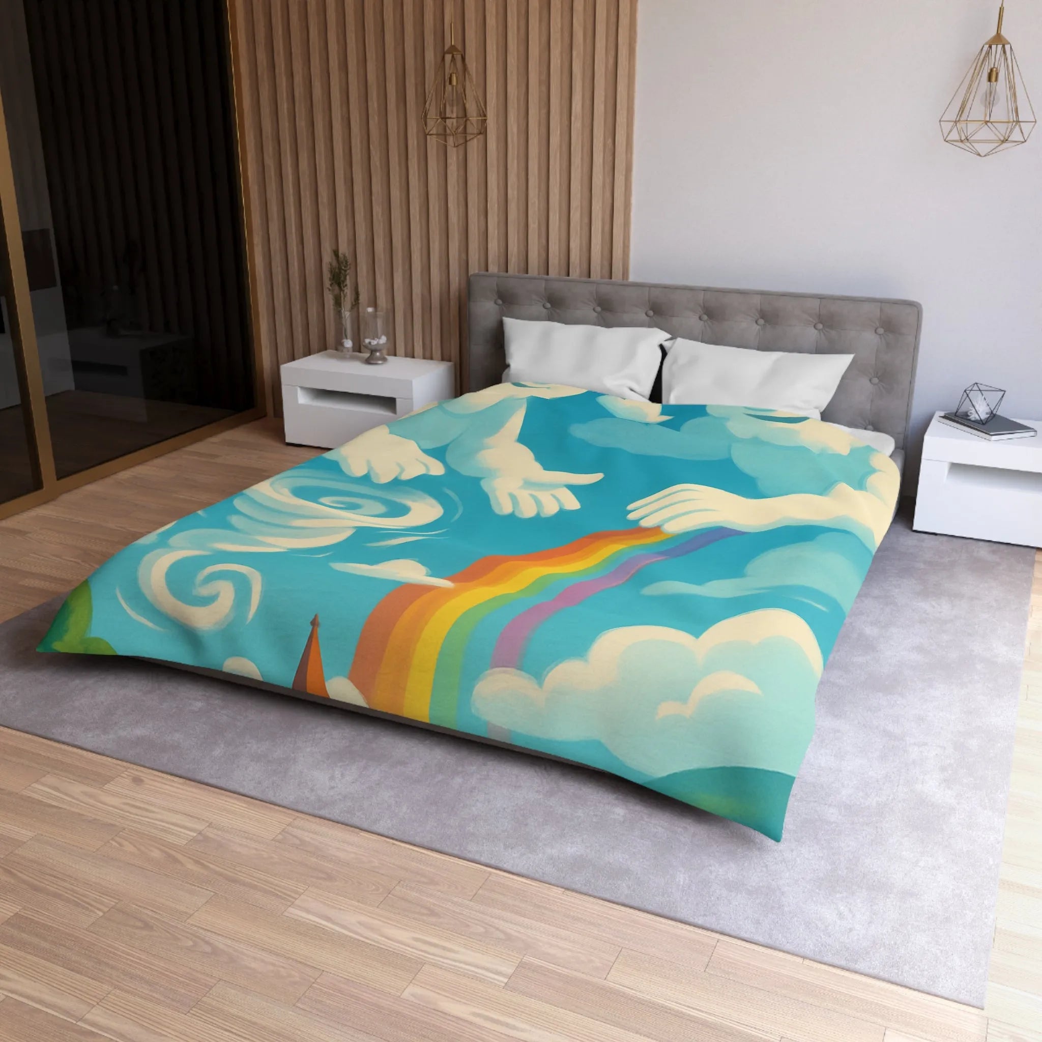 Art ludique de nuages souriants au-dessus d'un village teinté de couleurs vives