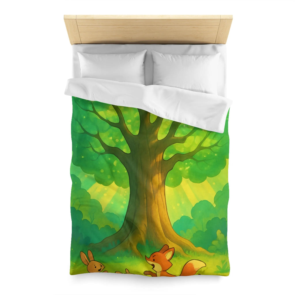 Charmante forêt enchantée avec animaux espiègles sous un majestueux arbre scintillant illustré