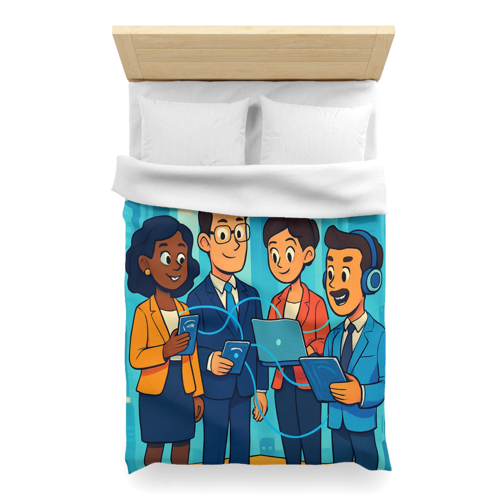 Housse de couette moderne illustrant équipe collaborative en milieu urbain technologique