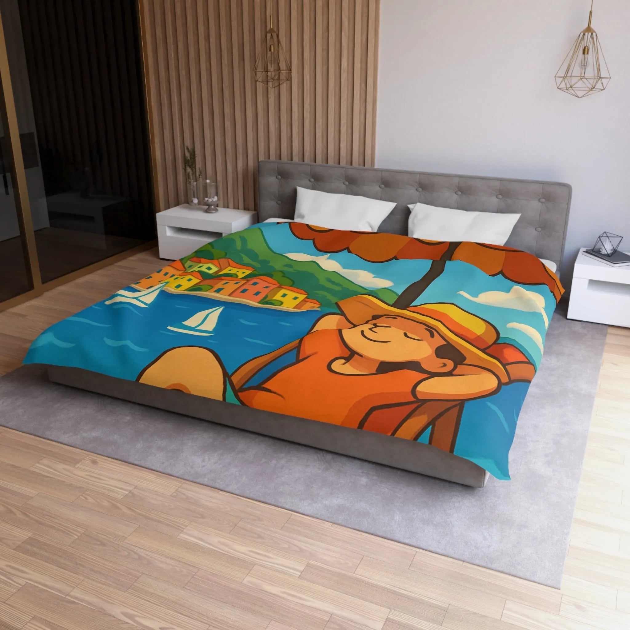 Housse de Couette Colorée Plage avec Parasol, Mer et Voiliers Décontractés Illustration