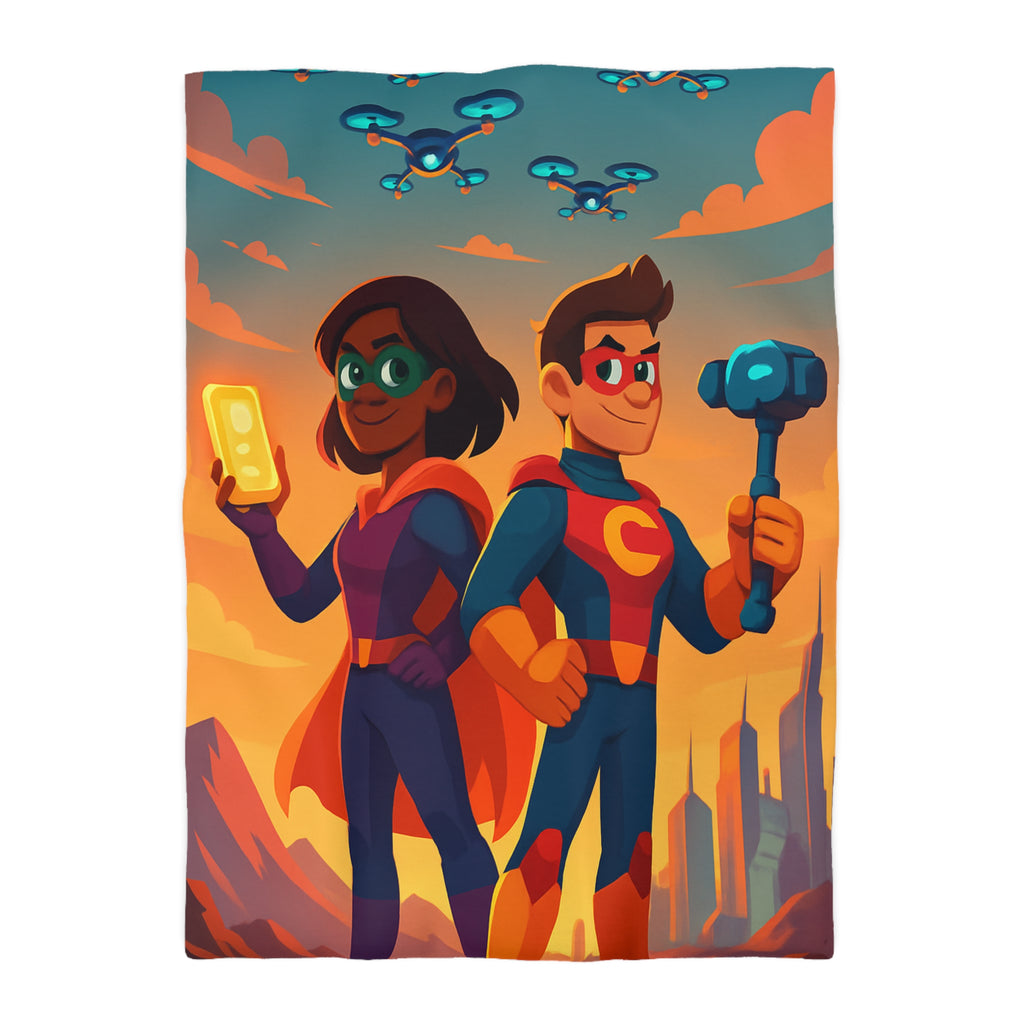 Super-héros Enfantins avec Drones dans Paysage Urbain Coloré Crépusculaire Illustré