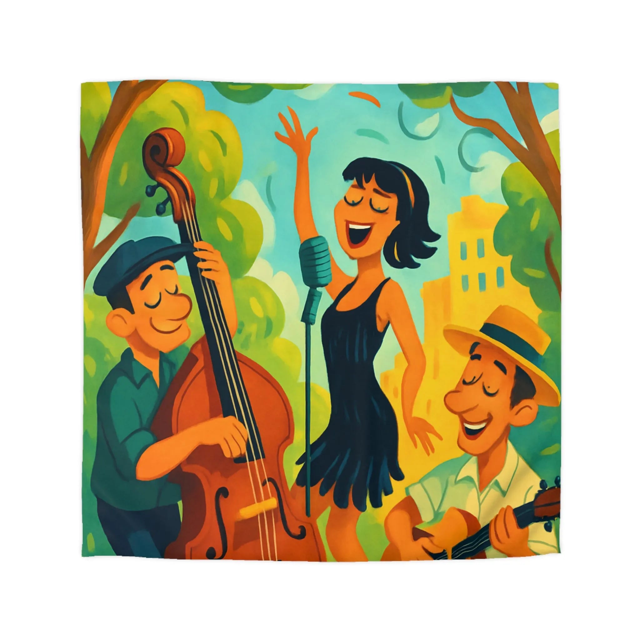 Housse de couette colorée avec scène musicale rétro dans un parc ensoleillé