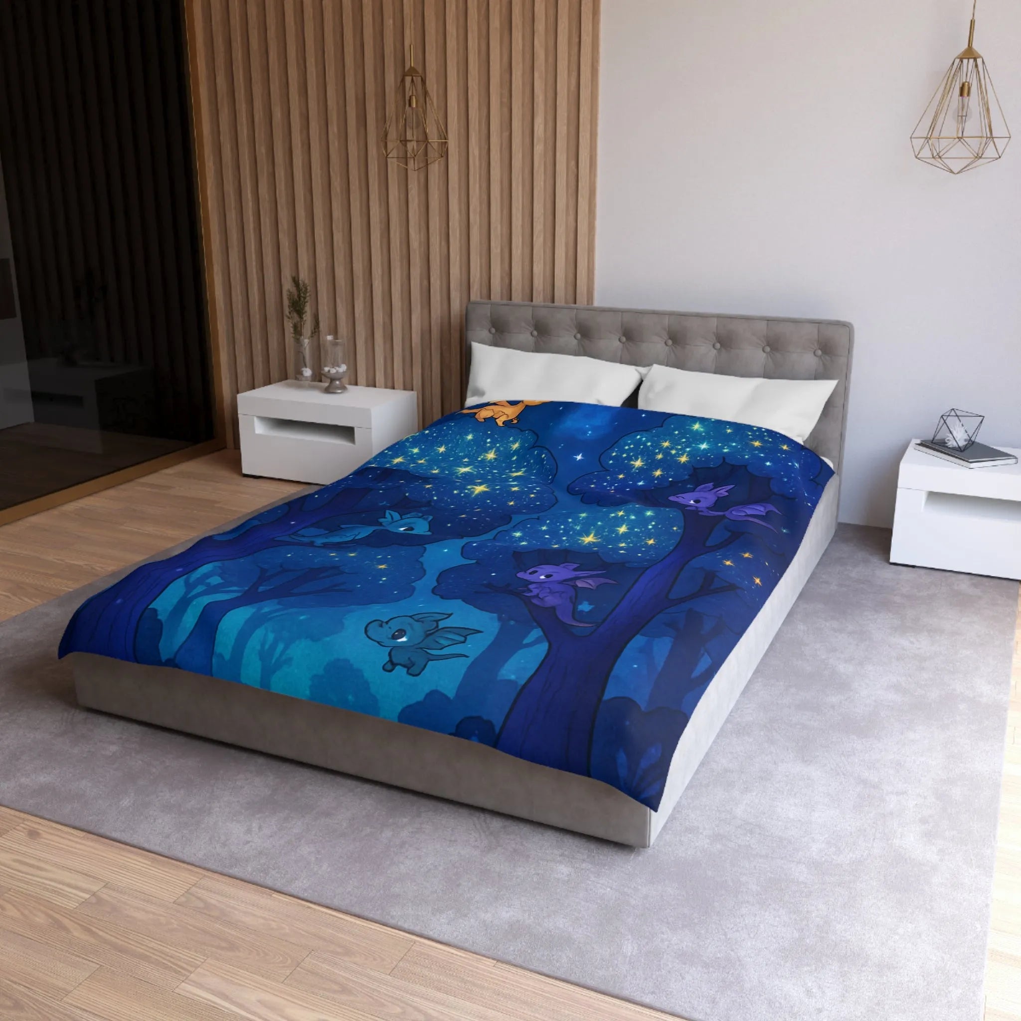 Housse de couette forêt nocturne enchantée avec dragons colorés et ciel étoilé