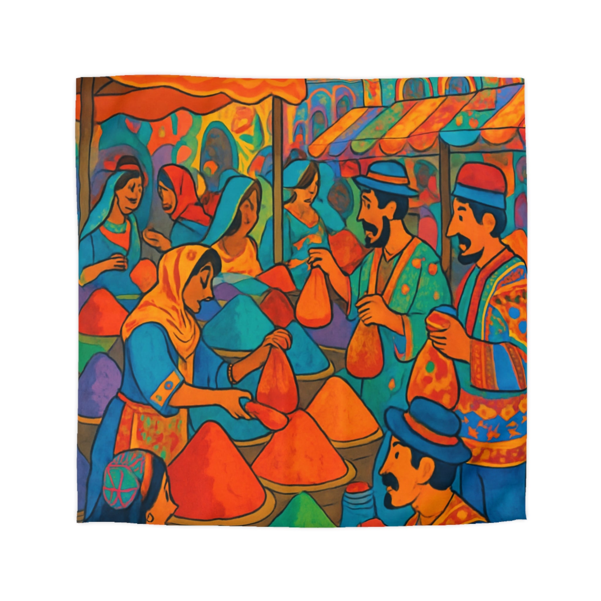 Housse de couette vibrante et colorée avec motifs de marché animé en Orient