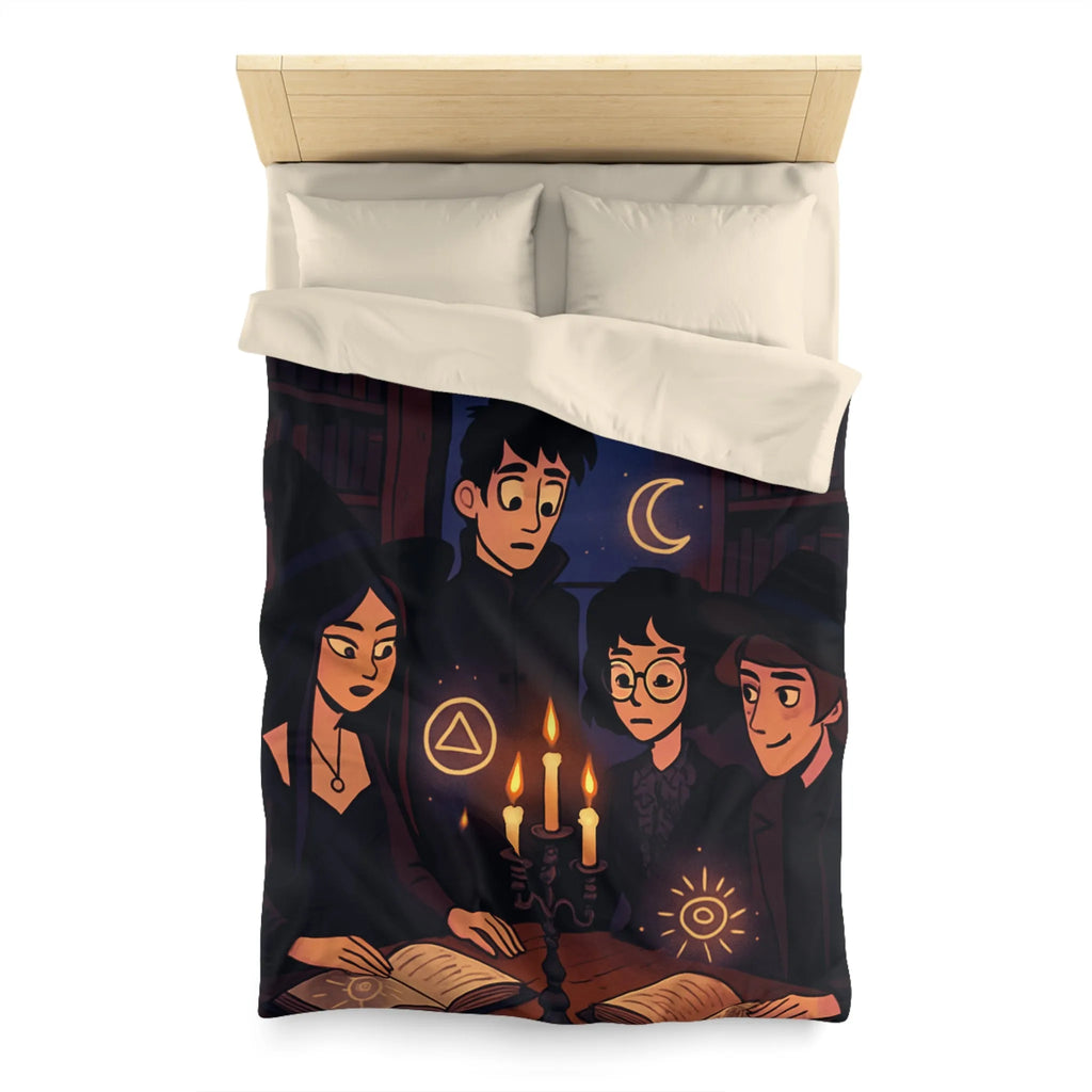 Housse de couette magique avec jeunes sorciers, symboles mystérieux et ambiance nocturne enchantée