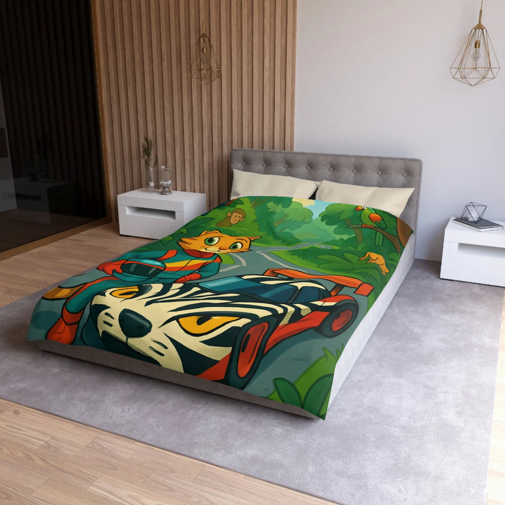 Housse de couette illustrée avec pilote chat, voiture zébrée et jungle luxuriante