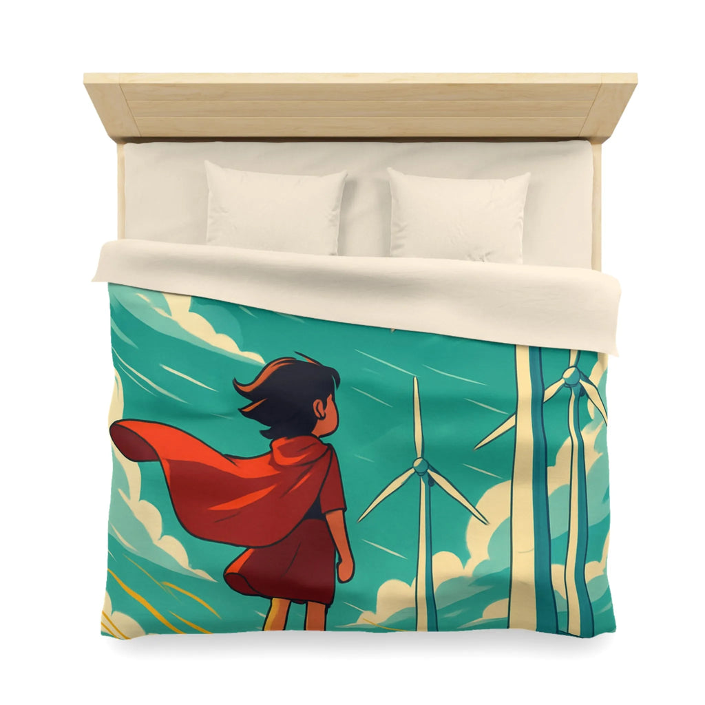 Housse de Couette Enfant avec Éoliennes et Paysage Venté Rouge et Bleu