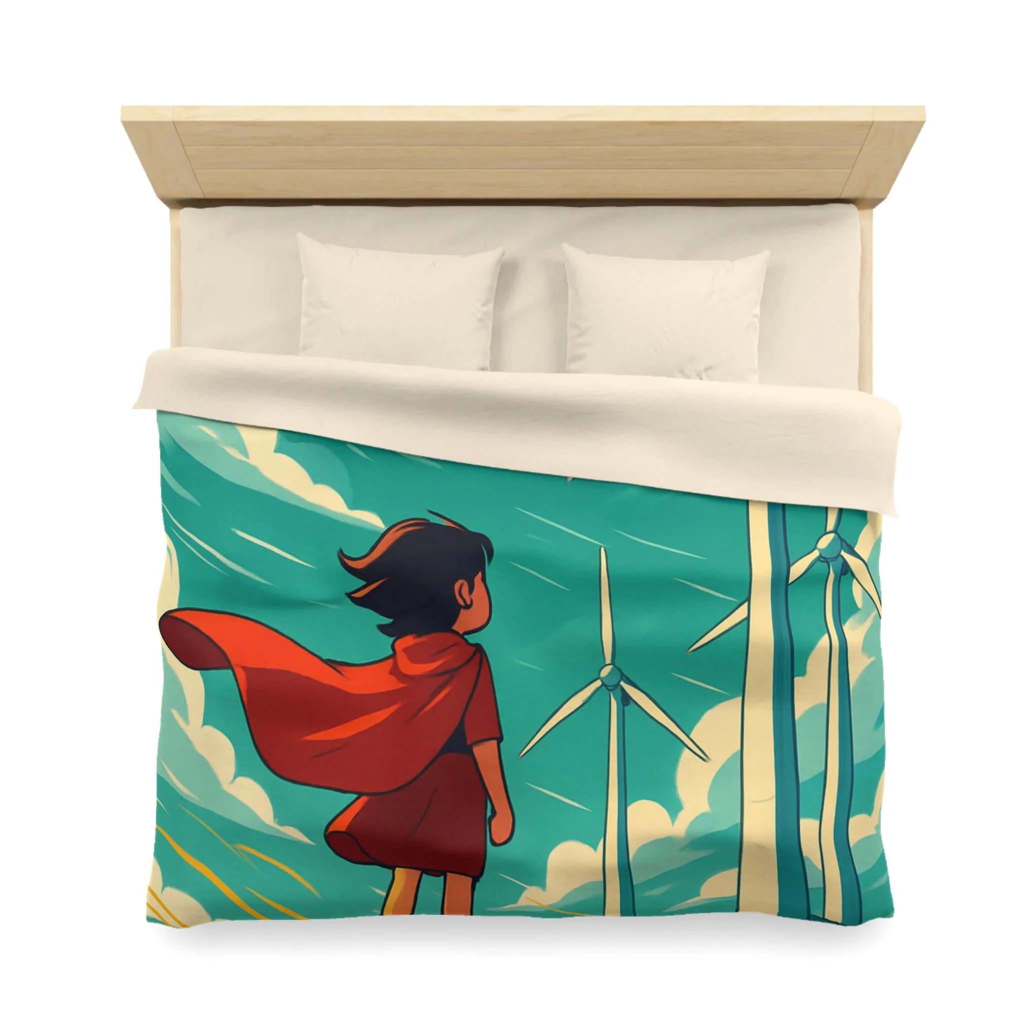 Housse de Couette Enfant avec Éoliennes et Paysage Venté Rouge et Bleu