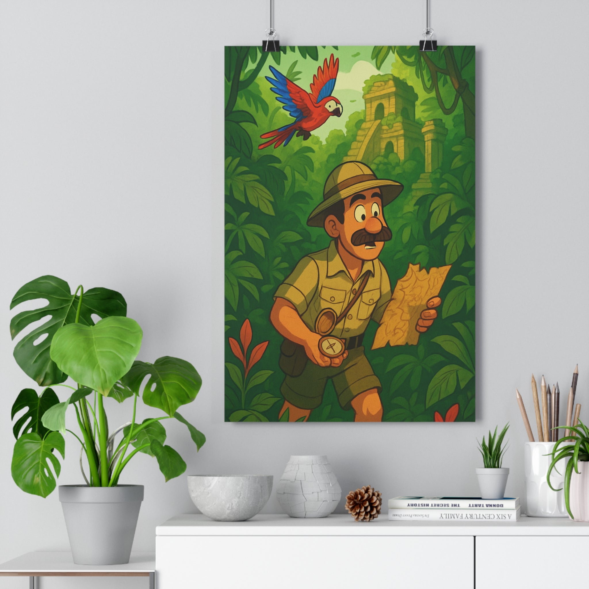 Poster décoratif tropical aventurier moustachu perroquet jungle ruines cartoon vibrant vert salon bureau qualité