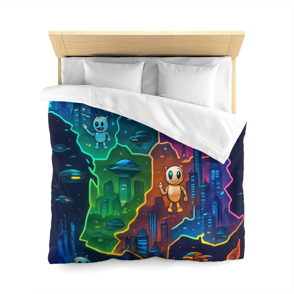 Carte de France futuriste colorée avec robots et OVNIs sur une housse de couette unique