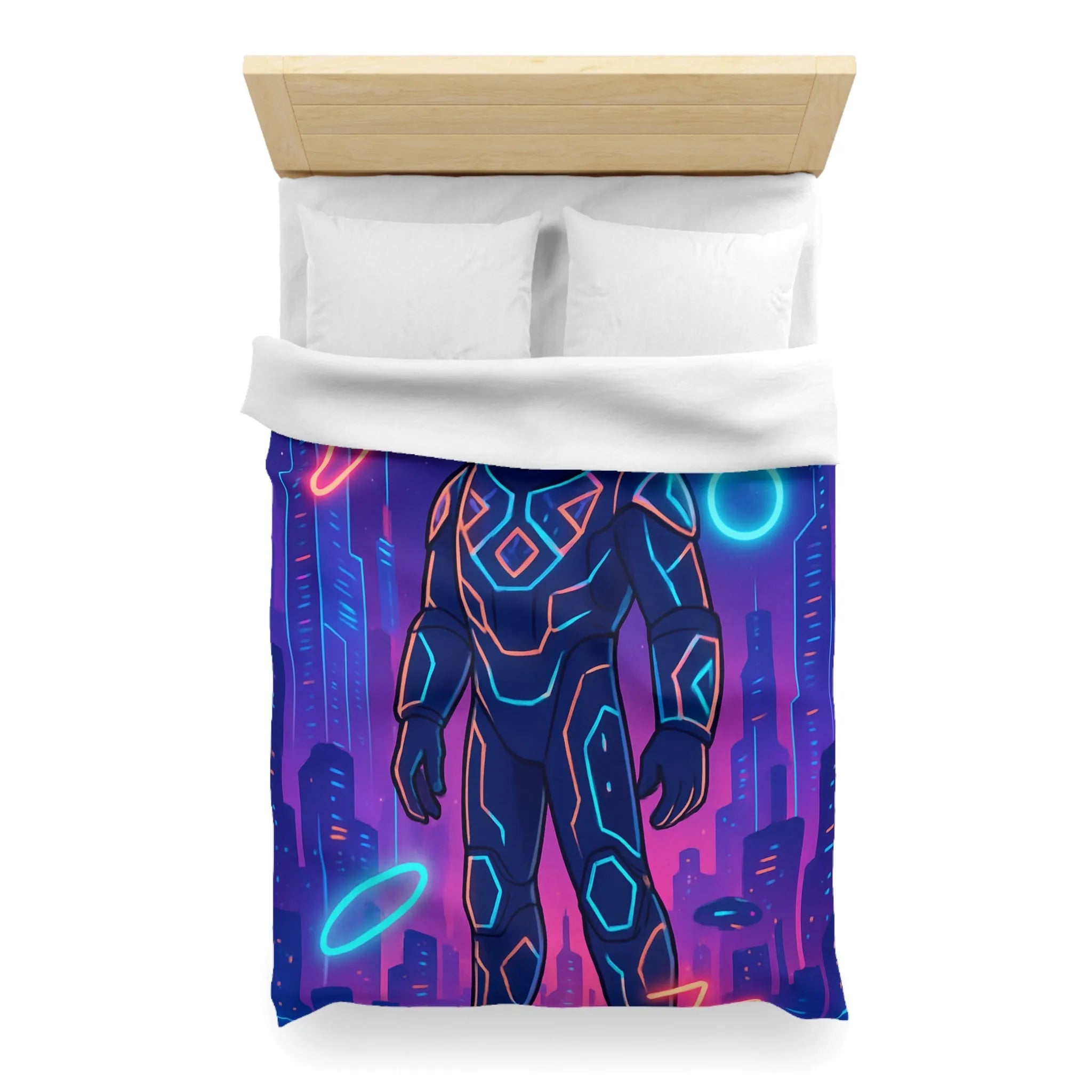 Housse de couette avec astronaute néon, skyline futuriste et vaisseaux spatiaux