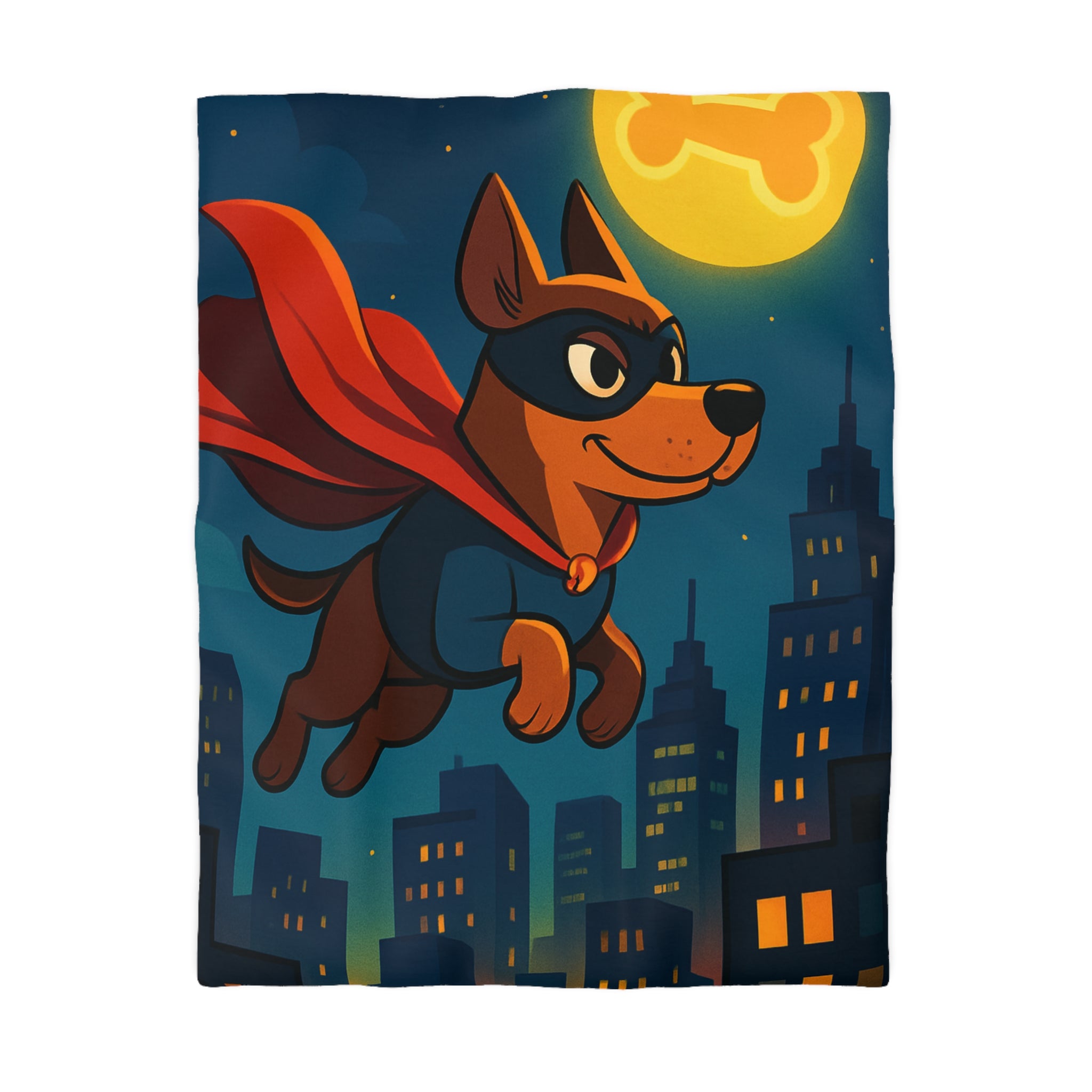 Super chien volant avec lune en forme d'os, cape rouge, horizon nocturne