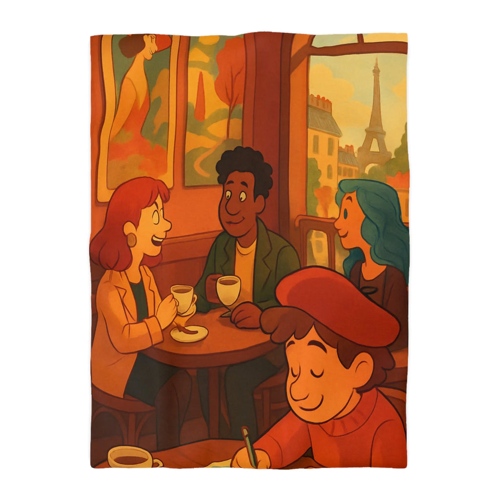 Charmante illustration de café parisien avec vue sur la Tour Eiffel en arrière-plan