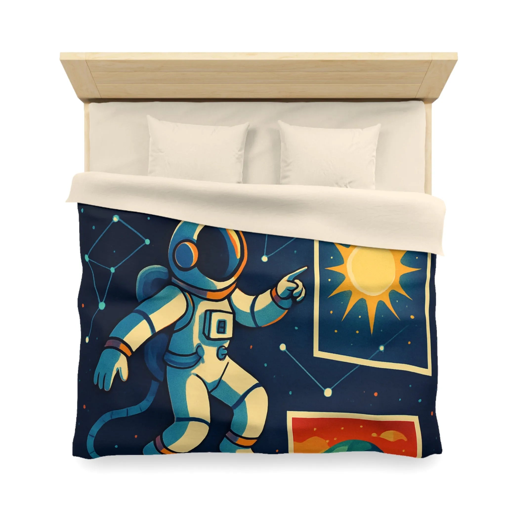 Housse de Couette Espace: Astronaute Flottant parmi Planètes et Constellations, Nuit Étoilée