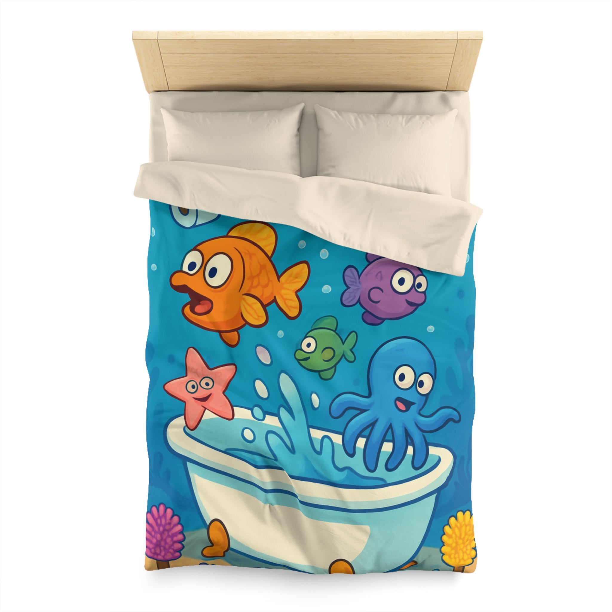 Housse de couette vibrante avec animaux marins humoristiques jouant dans une baignoire colorée