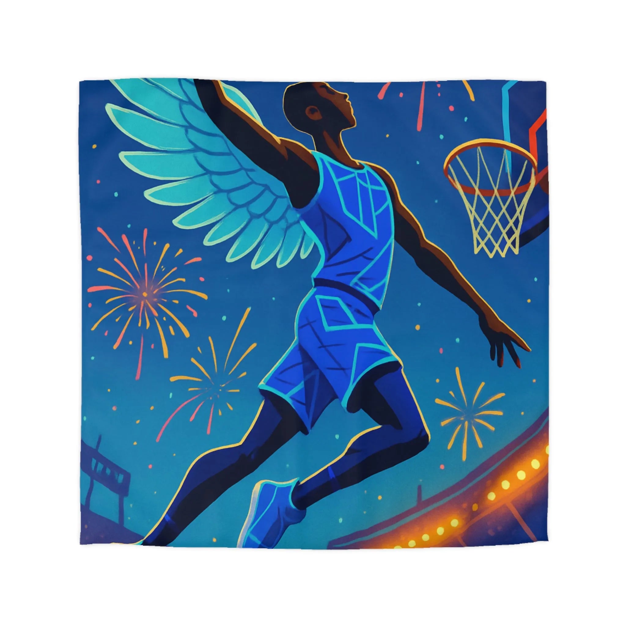 Housse de couette avec joueur de basket volant sous un ciel étoilé lumineux