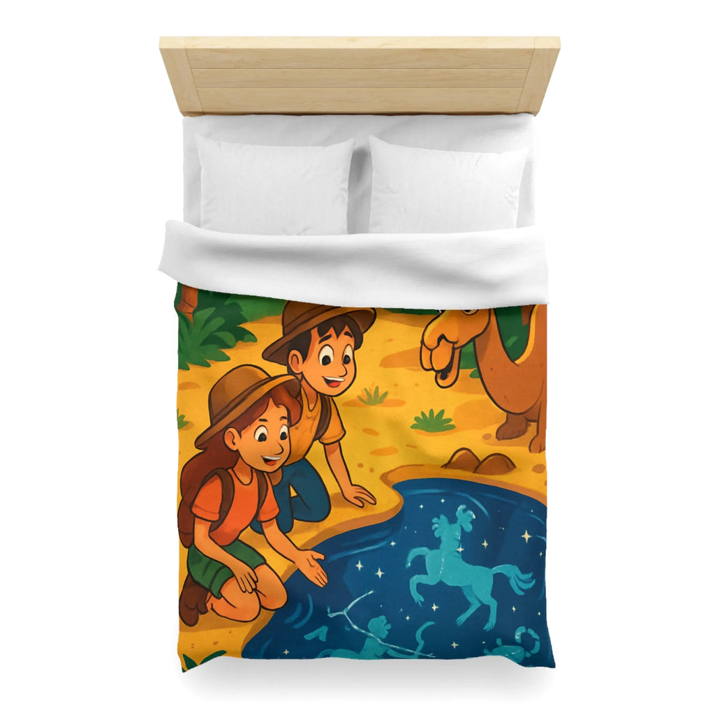 Housse de couette désert exotique enfants étoiles, animaux et aventuriers explorant oasis magique