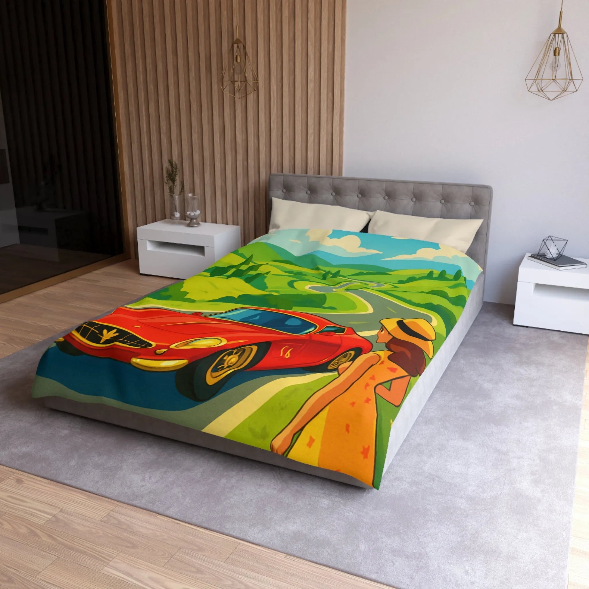 Housse de Couette Colorée avec Paysage Champêtre, Route Sinueuse et Voiture Rouge