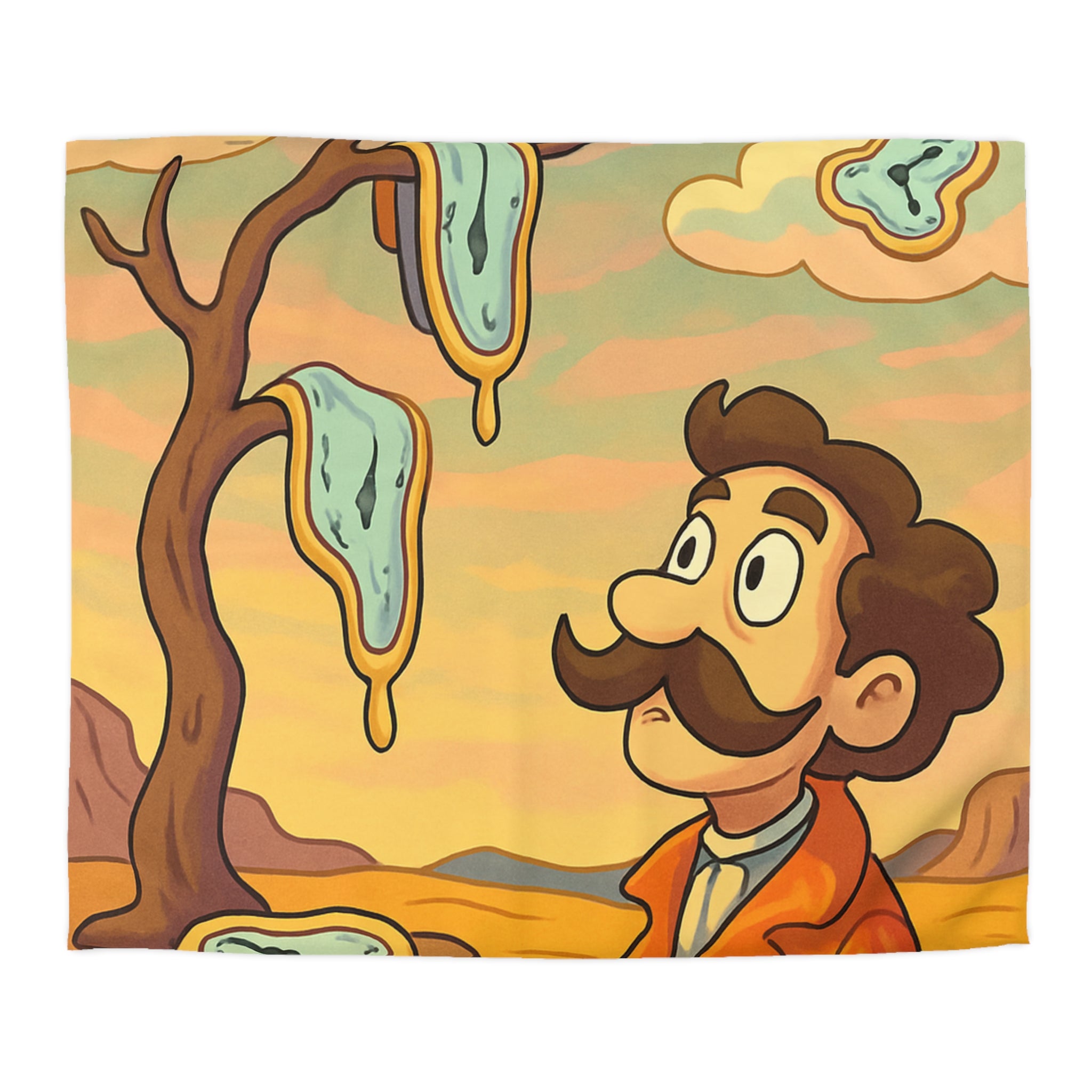 Housse de couette style surréaliste avec montres molles et paysage désertique vibrant