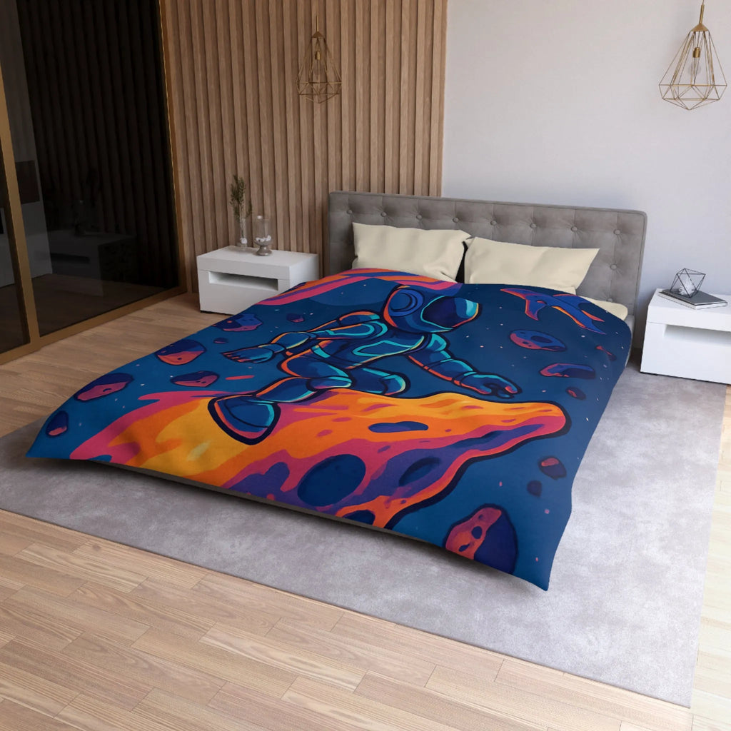 Aventure spatiale colorée avec astronaute sur météore, planète anneau et vaisseaux futuristes