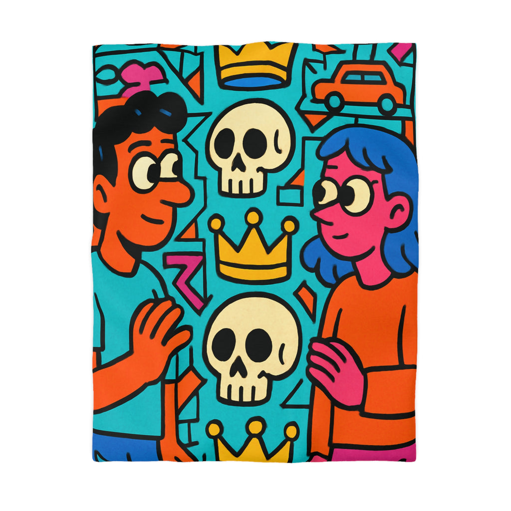 Housse de Couette Pop Art Colorée avec Crânes, Couronnes et Personnages Amusants