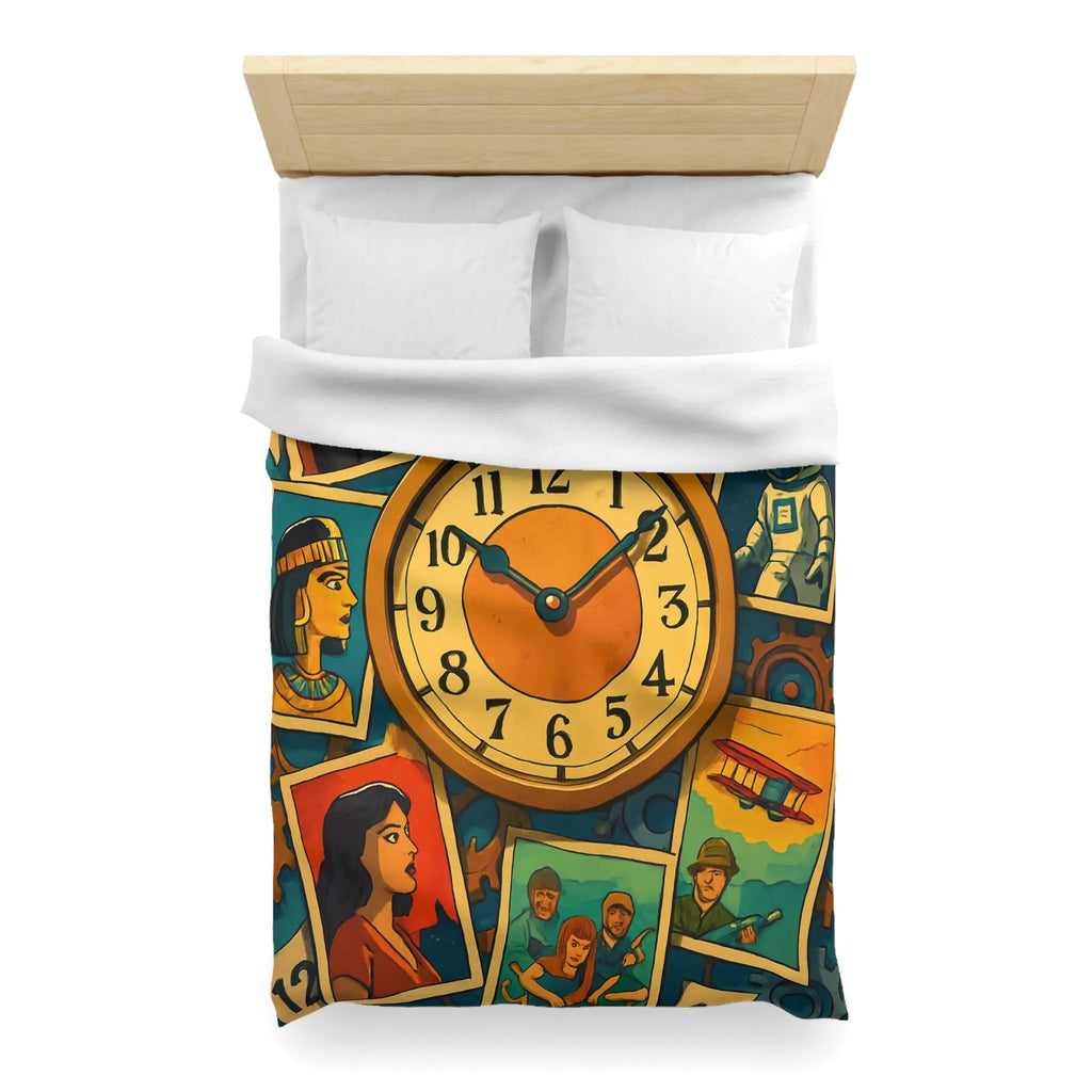 Housse de couette illustrant l'histoire colorée avec des figures emblématiques du temps et de l'espace