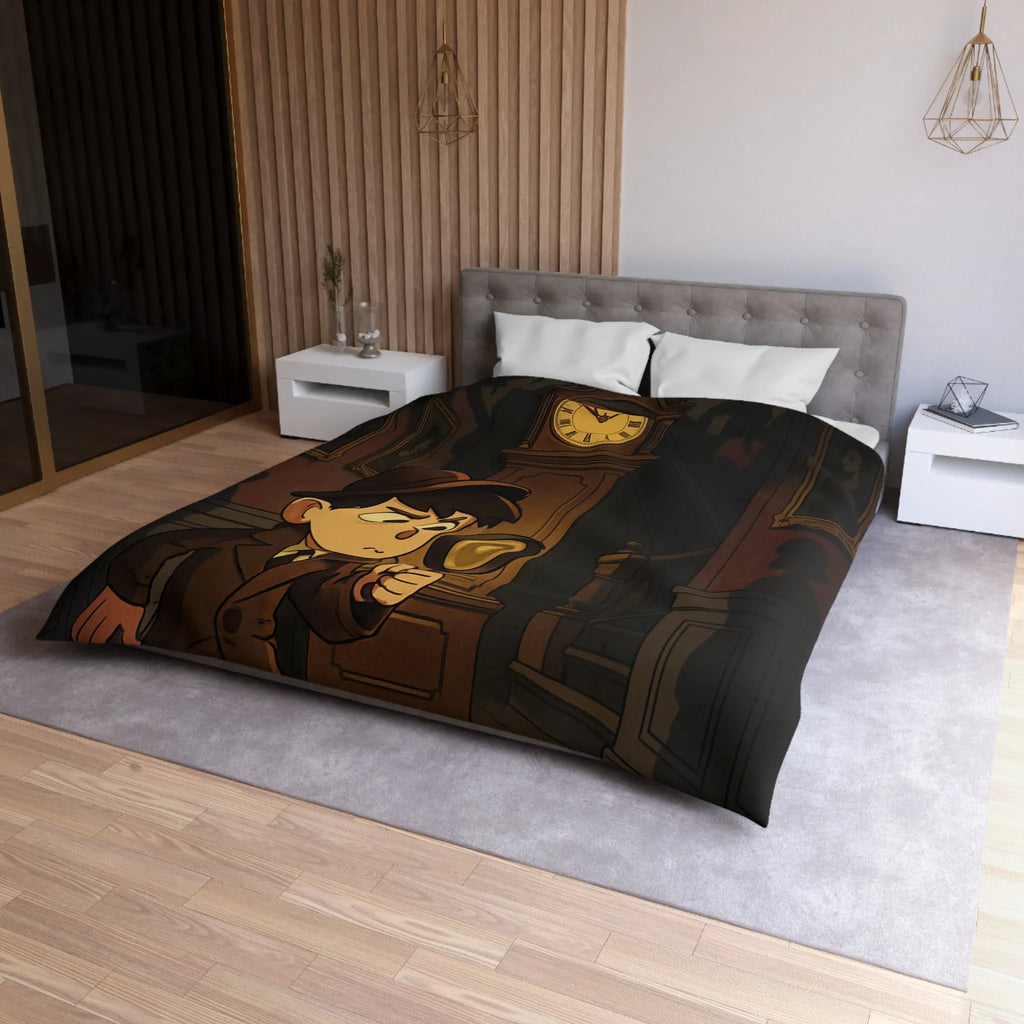 Housse de couette détective vintage avec horloge et silhouettes mystérieuses pour ambiance intrigante