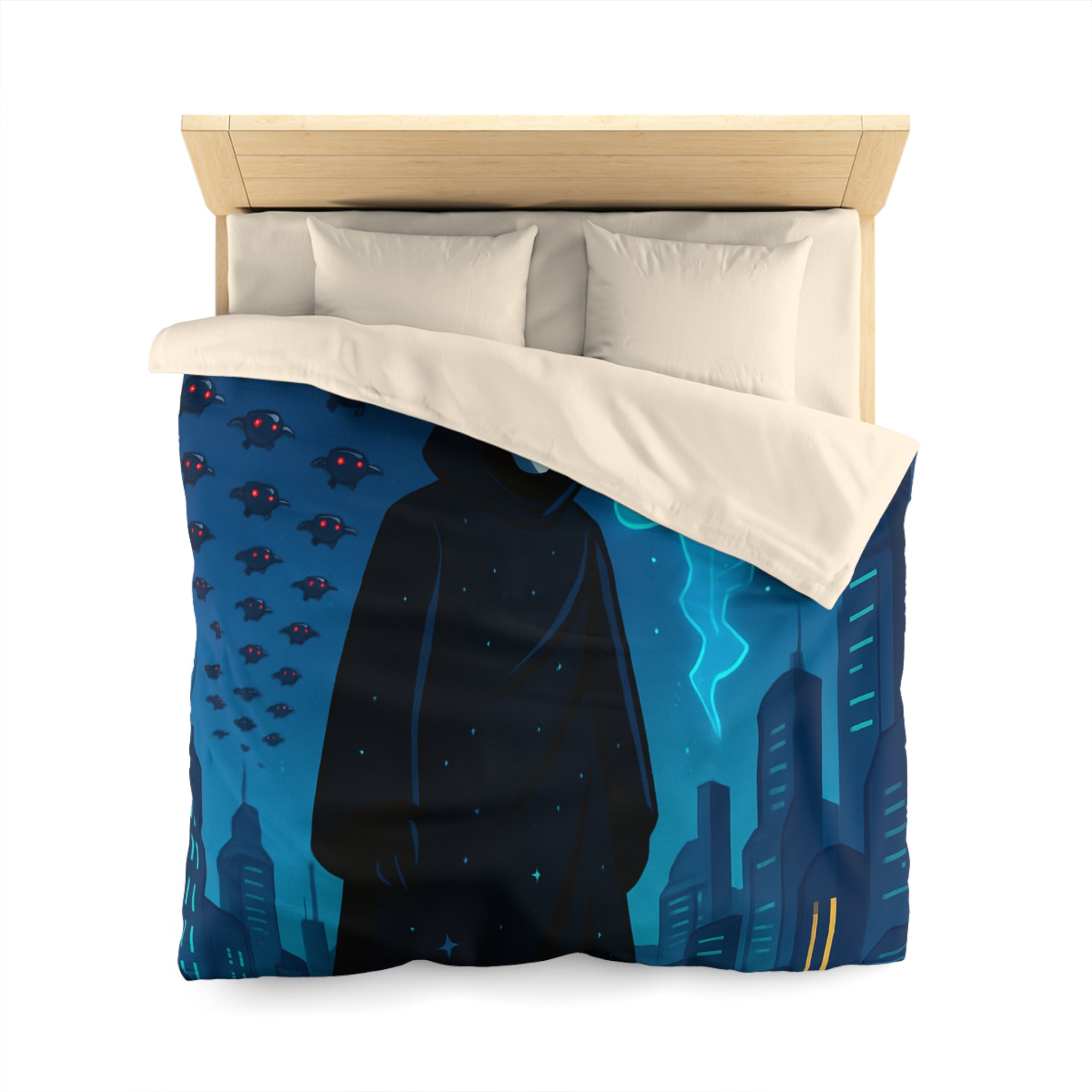 Housse de couette spatiale avec figure masquée et paysage urbain futuriste