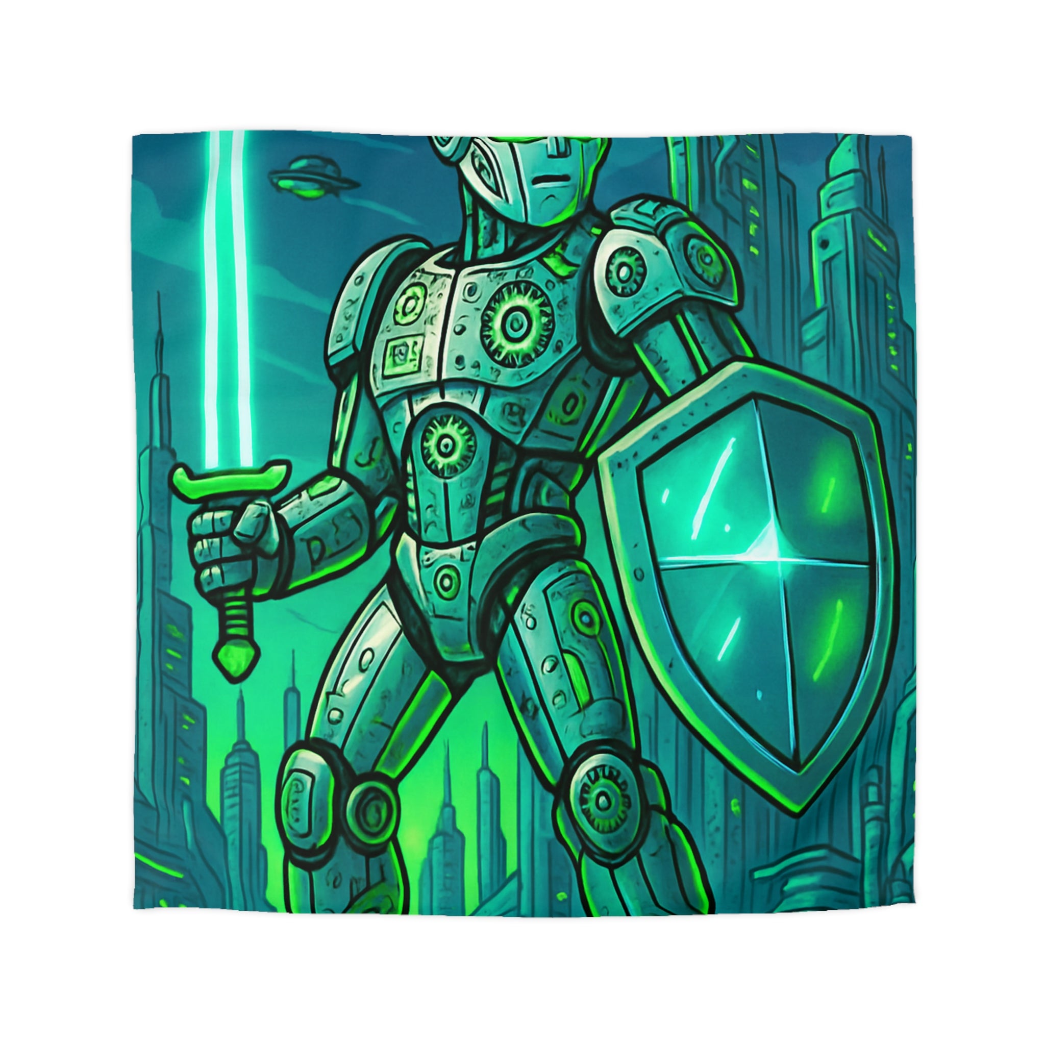 Housse de couette robot futuriste avec épée lumineuse et ville high-tech