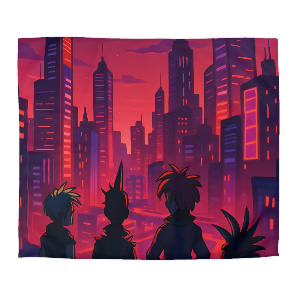 Housse de couette colorée urbaine style rétro avec personnages devant une ville cyberpunk