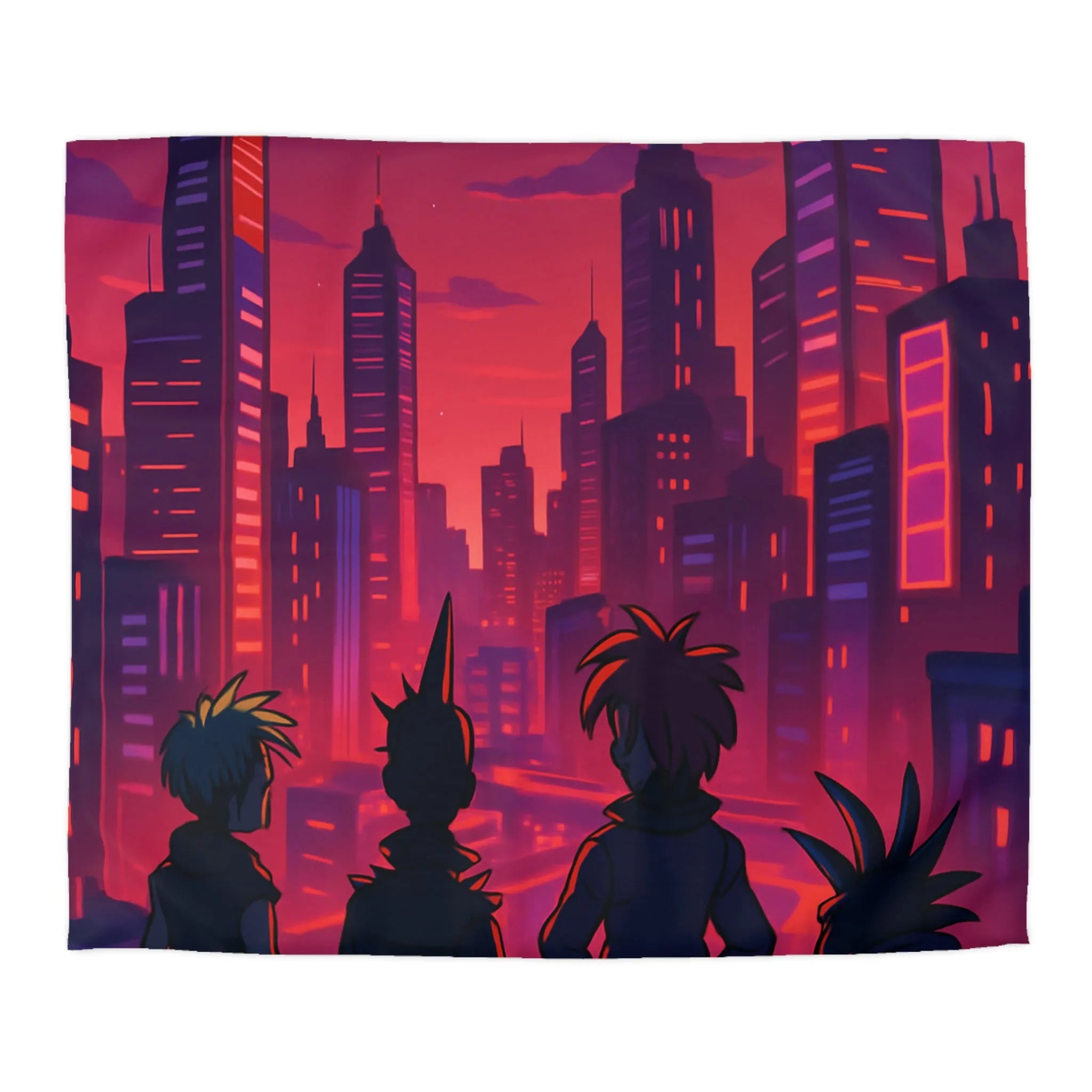 Housse de couette colorée urbaine style rétro avec personnages devant une ville cyberpunk