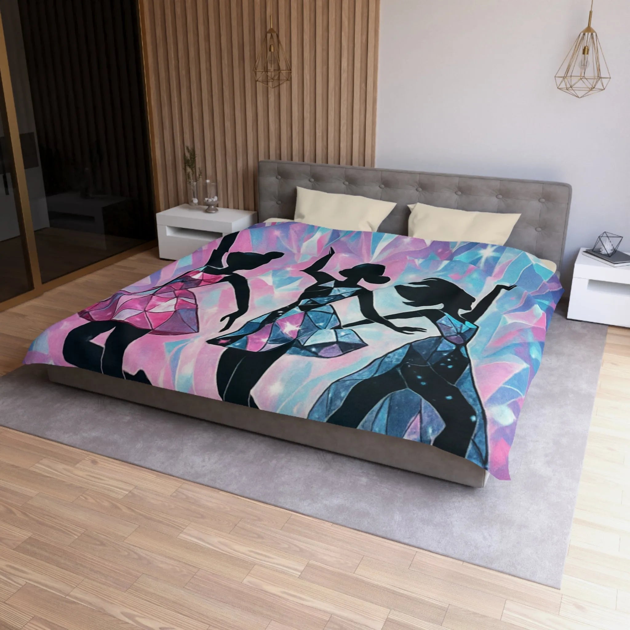 Élégantes silhouettes de danseuses avec motifs géométriques sur fond cristallin scintillant