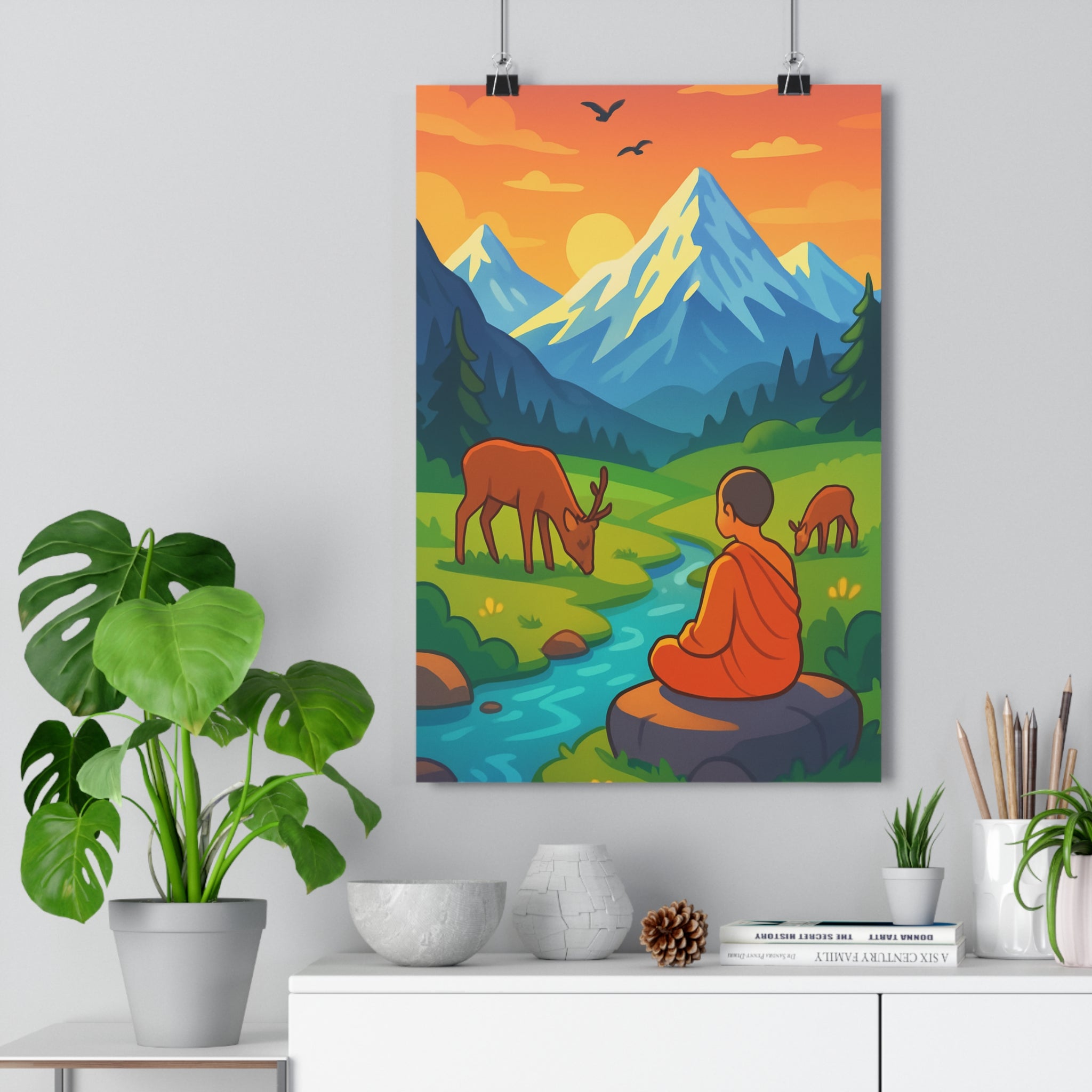 Poster décoratif anime paysage montagne sérénité méditation nature coloré salon chambre ambiance calme qualité