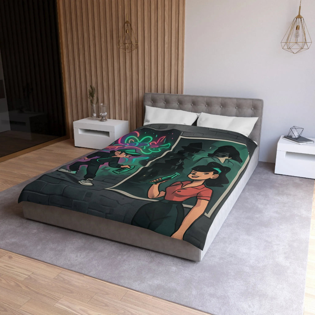 Housse de couette illustrée avec scène de rue colorée et personnages mystérieux