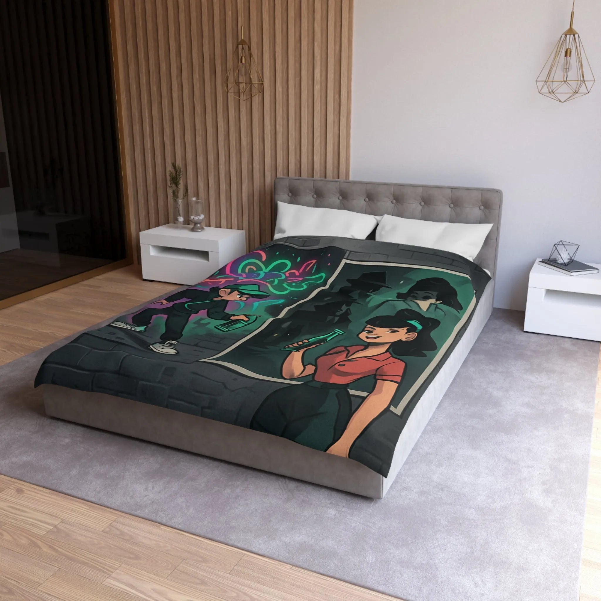 Housse de couette illustrée avec scène de rue colorée et personnages mystérieux