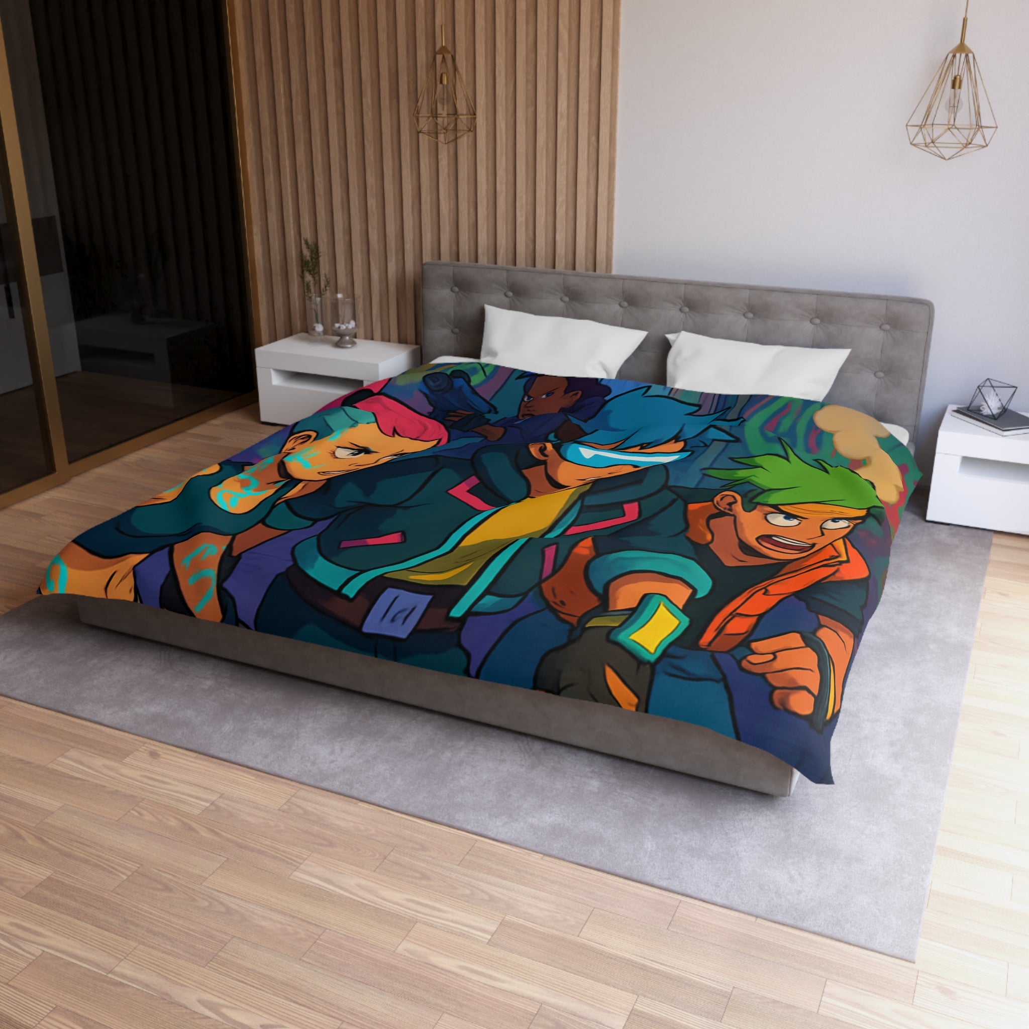 Housse de couette néon rétro avec personnages futuristes dans ruelle urbaine animée