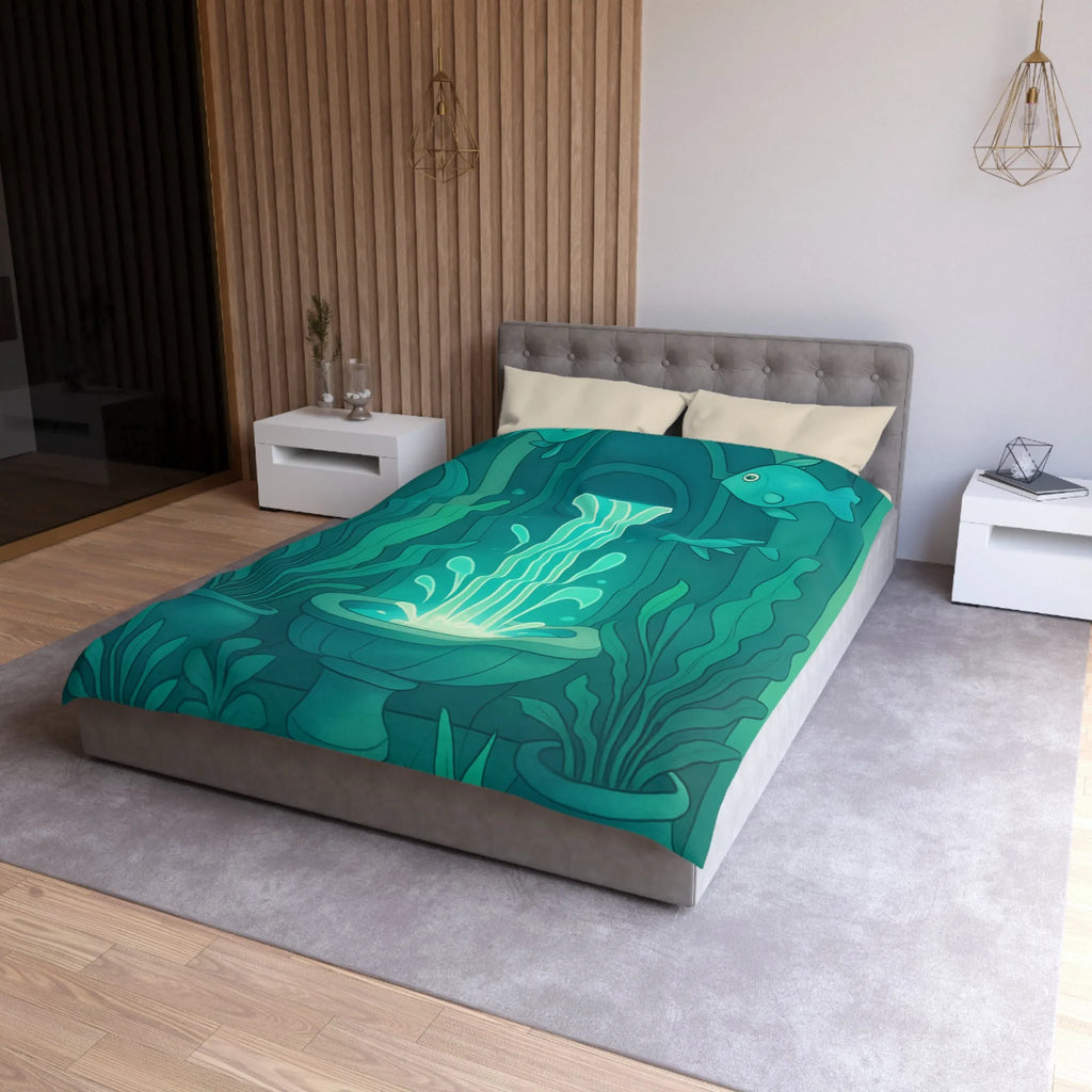 Housse de Couette Art Nouveau Illustrée Fontaine Poissons Teintes Bleues Calmes Décoration Intérieure