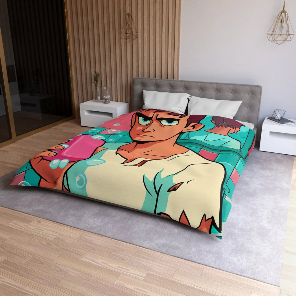 Housse de Couette avec Jeune Homme Déterminé Tenant Un Savon Rose en Colère