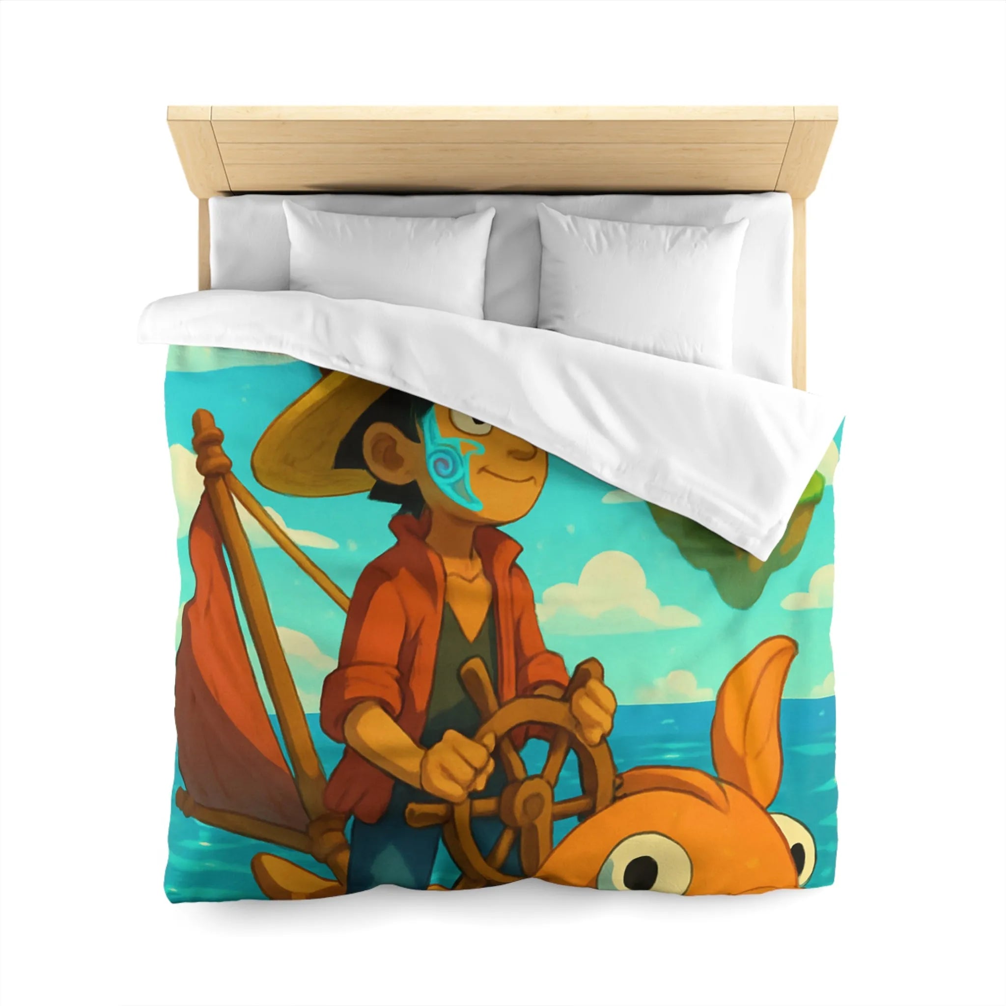 Housse de couette embarcation colorée sur océan turquoise avec îles flottantes et trésors