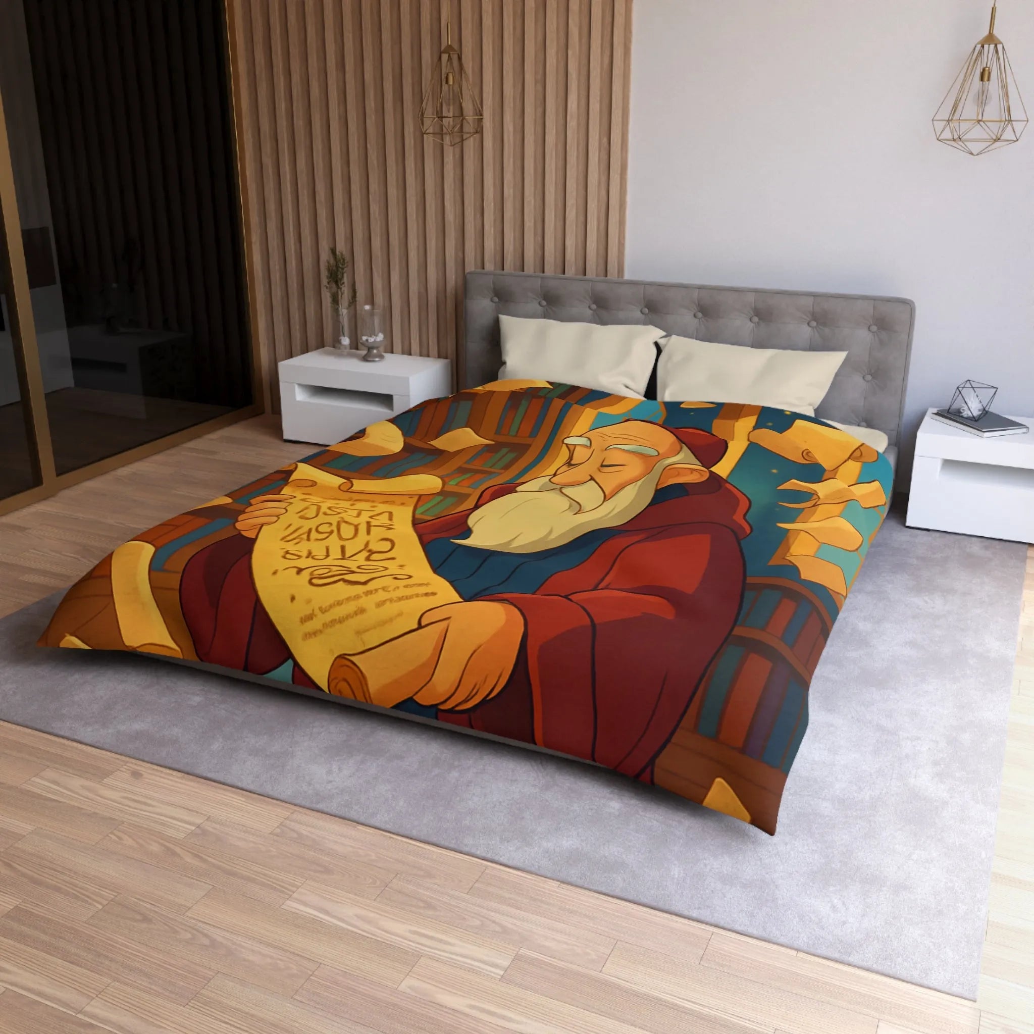 Housse de couette élégante avec design de bibliothèque, parchemins et sage en robe rouge