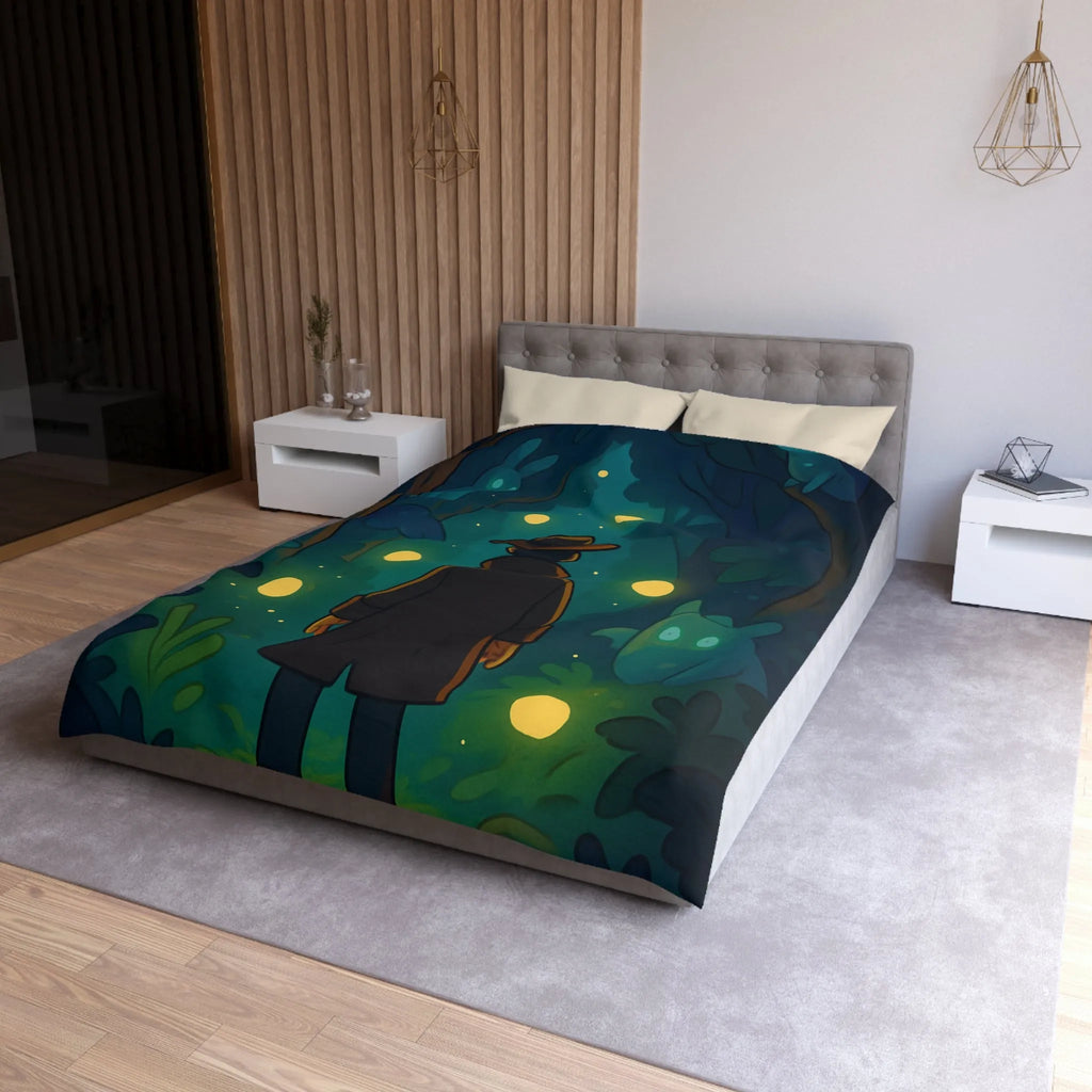 Housse de Couette Forêt Mystique avec Créatures Lumineuses et Promeneur en Chapeau