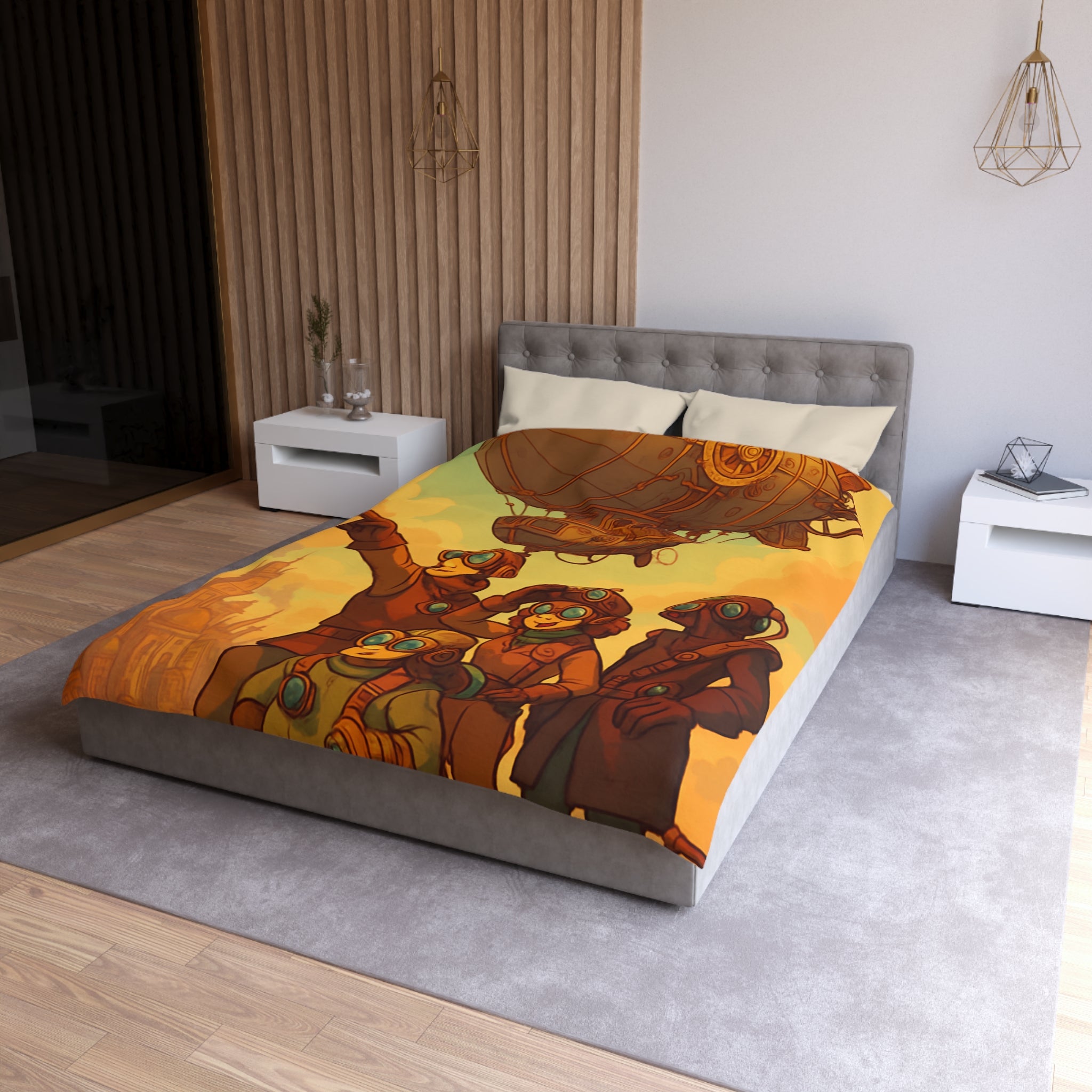 Housse de couette rétro-aventure steampunk avec dirigeable et explorateurs en plein ciel