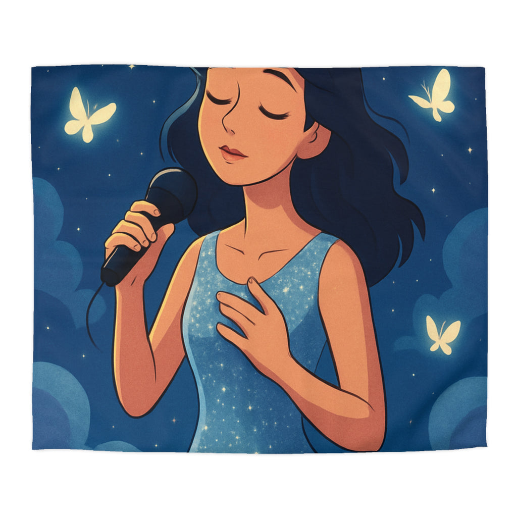 Housse de couette rêveuse avec chanteuse, papillons, lune et ciel étoilé bleu